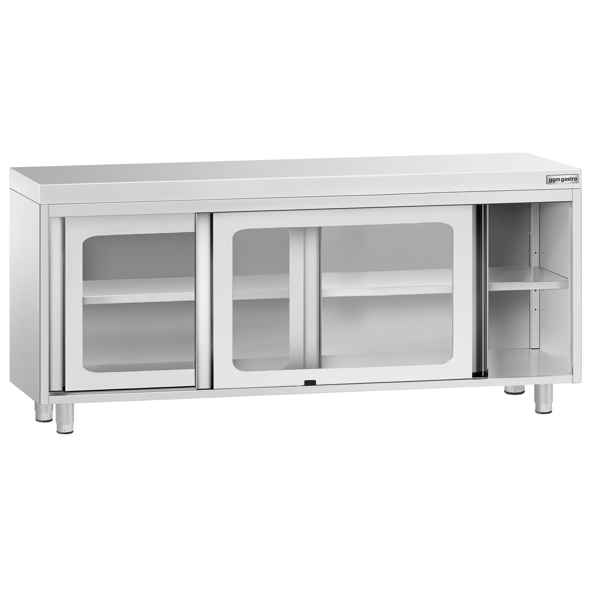 Table armoire en acier inoxydable PREMIUM - 1800x600mm - avec portes coulissantes vitrées et étagère basse