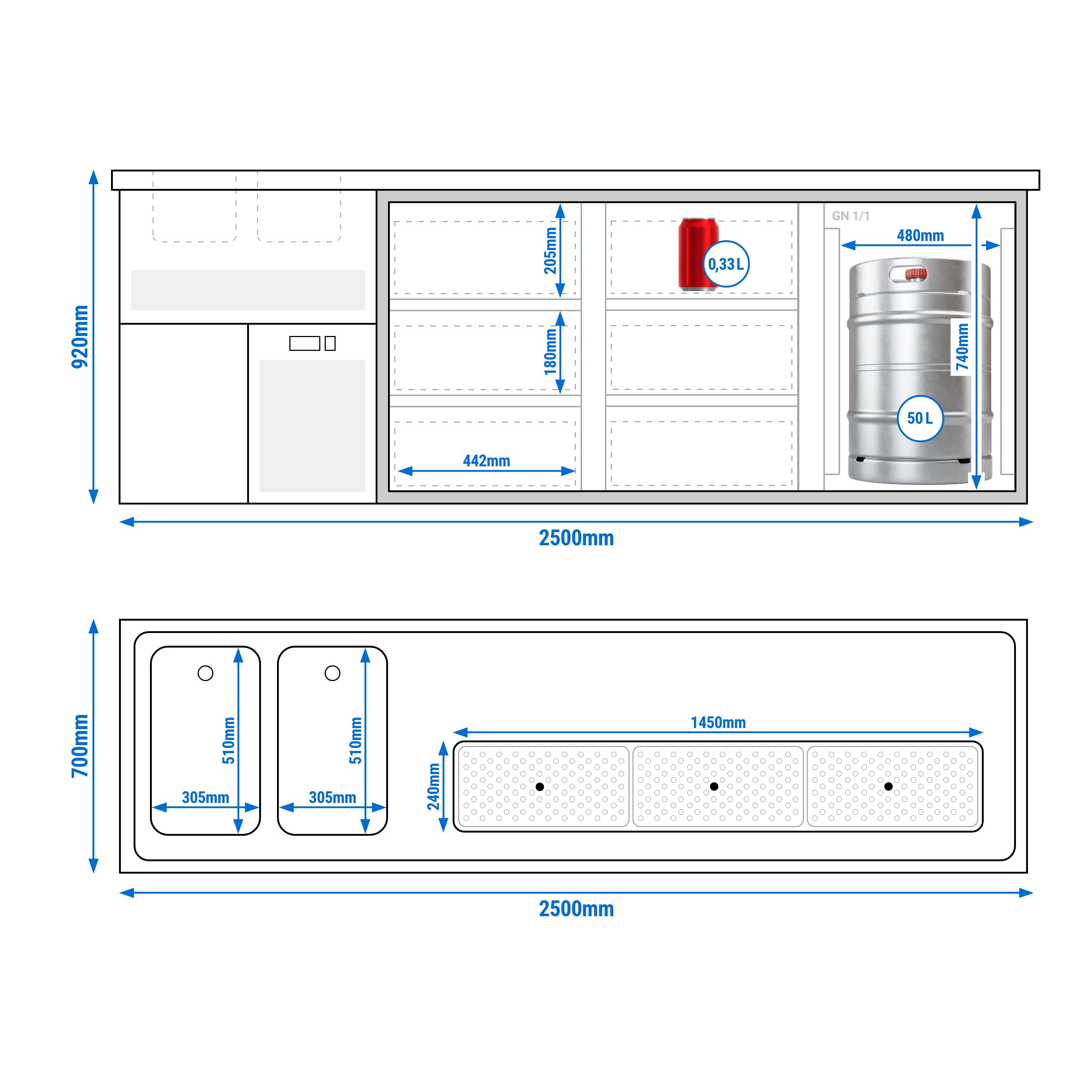 Comptoir de bar réfrigéré Premium PLUS - 2500x700mm - 1 porte vitrée & 6 tiroirs