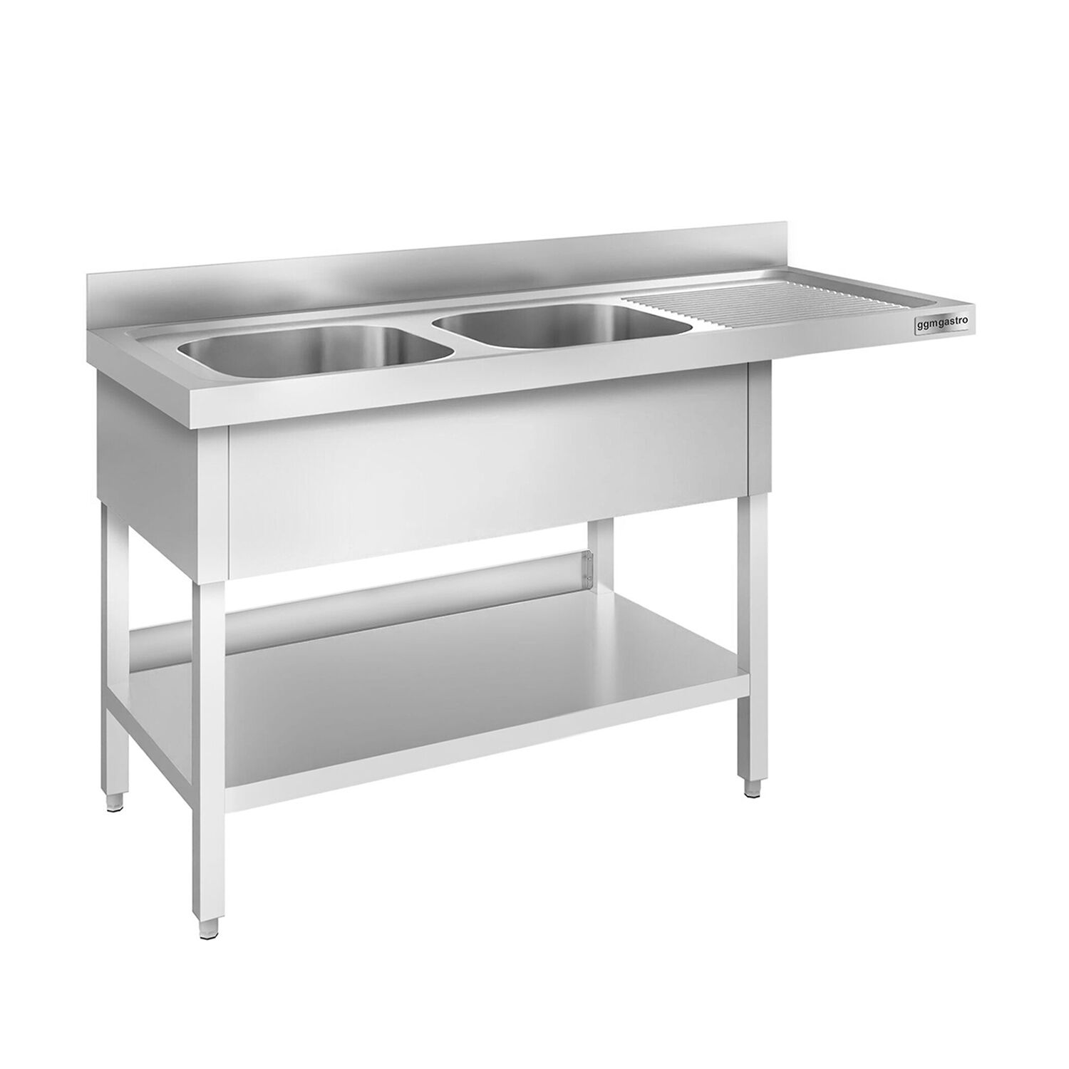 Plonge PREMIUM en acier inoxydable - 1600x600mm - 2 bacs - égouttoir à droite - avec espace lave-vaisselle - adossée/avec dosseret