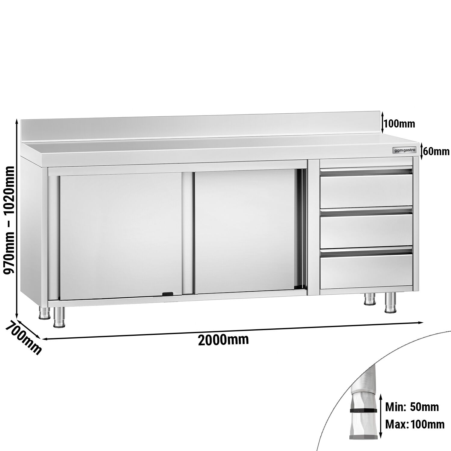 Table armoire en acier inoxydable PREMIUM - 2000x700mm - avec 3 tiroirs à droite et portes coulissantes - avec dosseret