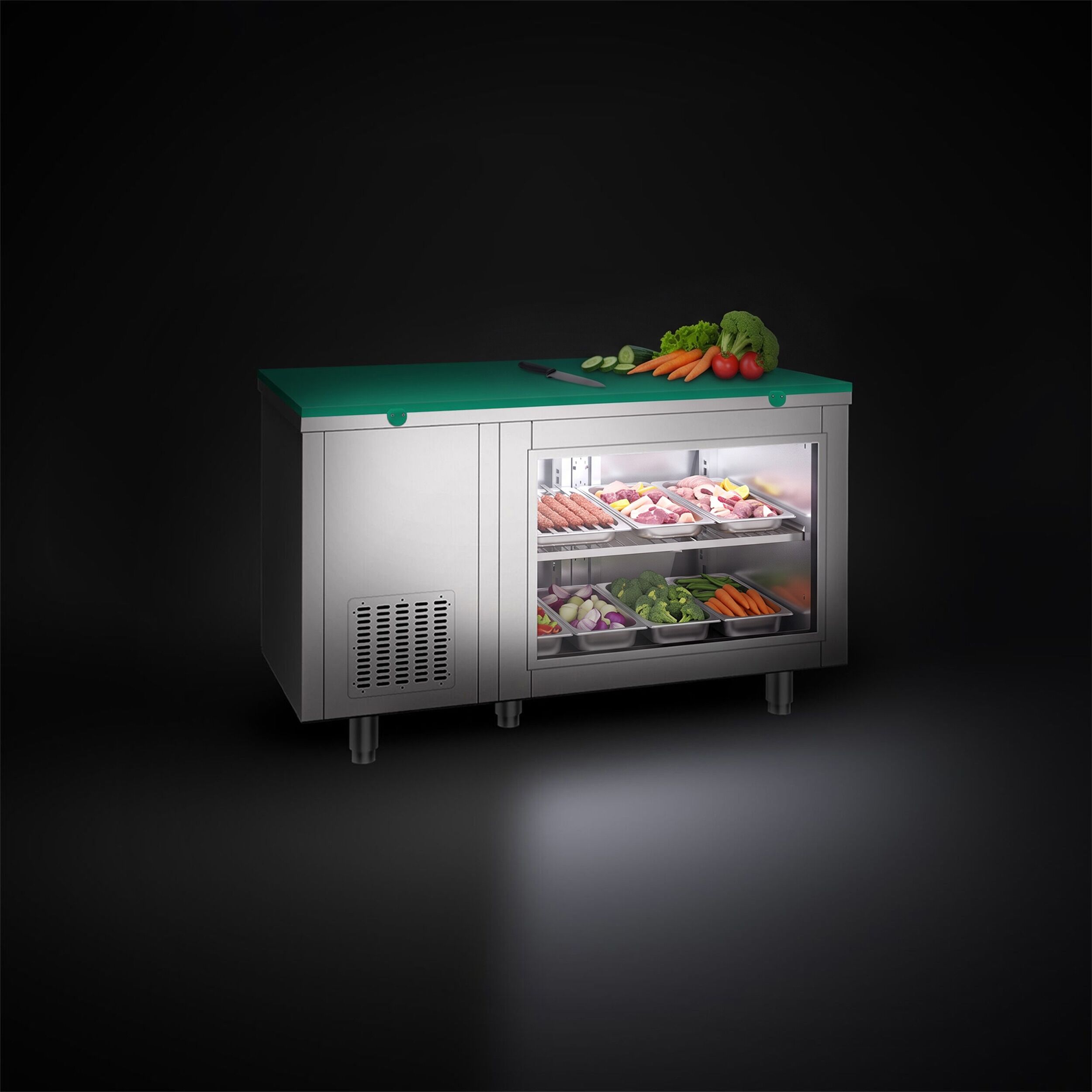 Commercial Counter Fridge – 1400 × 700 mm – Rear Side with 2 Doors – Glass Front – incl. Green Cutting Board