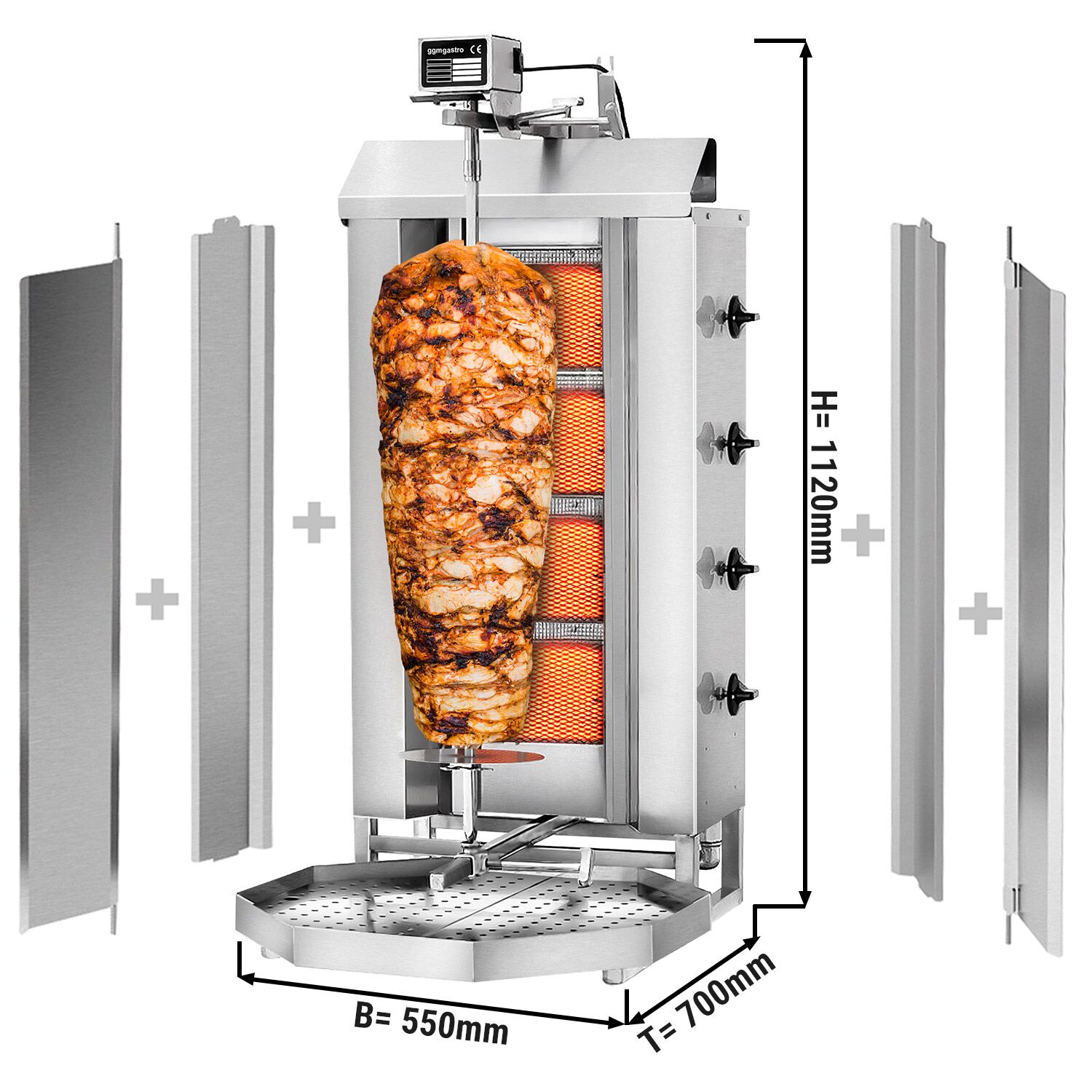 Gas Doner Kebab Grill (Shawarma/Gyros) - 4 Burner - up to 60kg - 13kW - Countertop - incl. 2 splash guards & 2 double doors