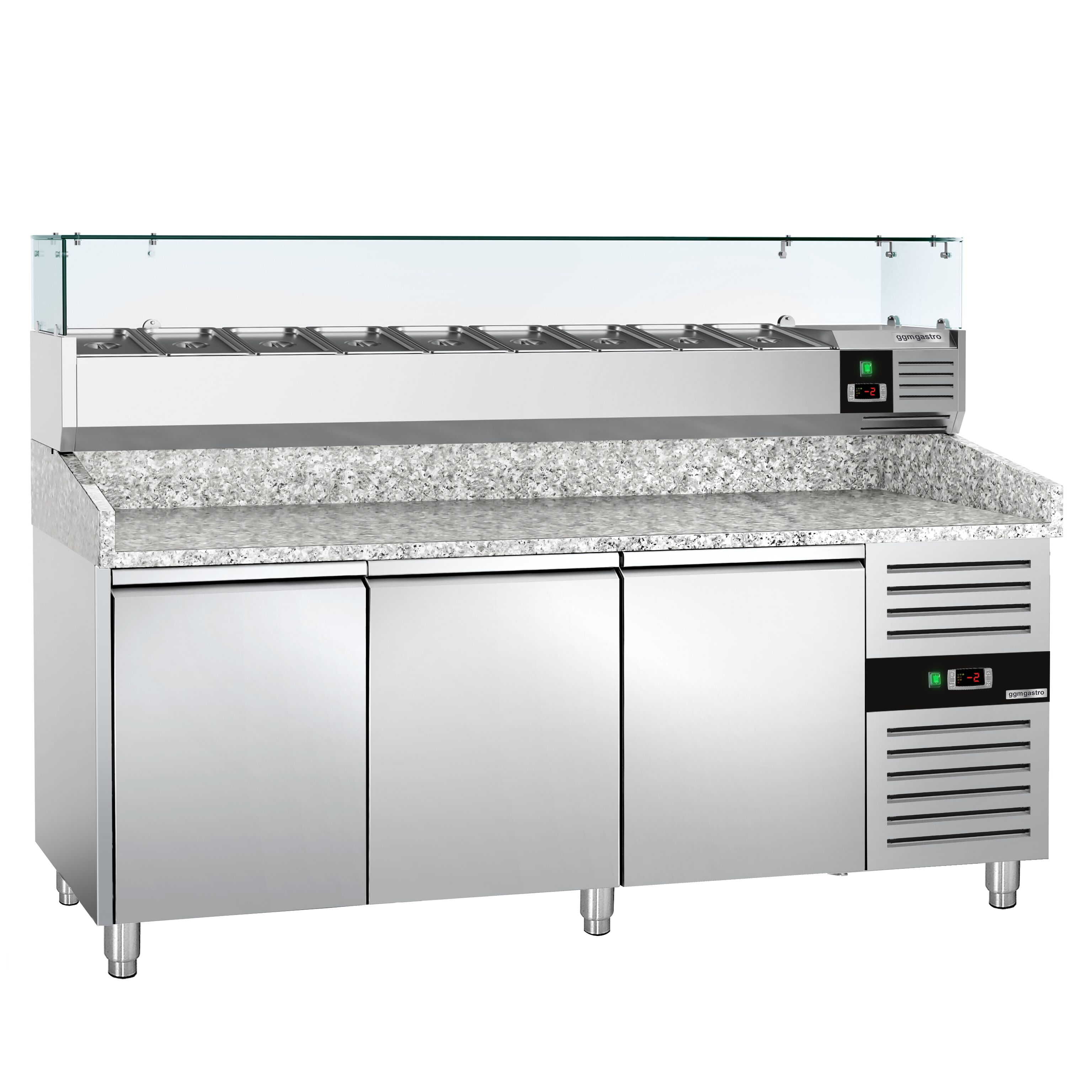Table réfrigérée à pizza ECO - 2000 x 800 mm - avec 3 portes - incl. vitrine réfrigérée - 9 x GN 1/3