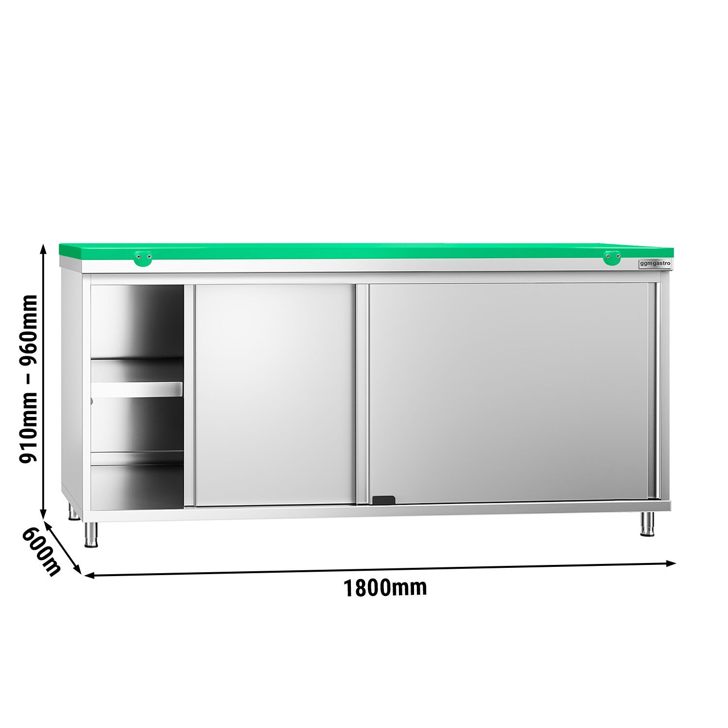 Table armoire en acier inoxydable PREMIUM - 1800x600mm - avec portes coulissantes - pour fruits et légumes - incl. plateau de découpe Vert PEHD (HACCP)