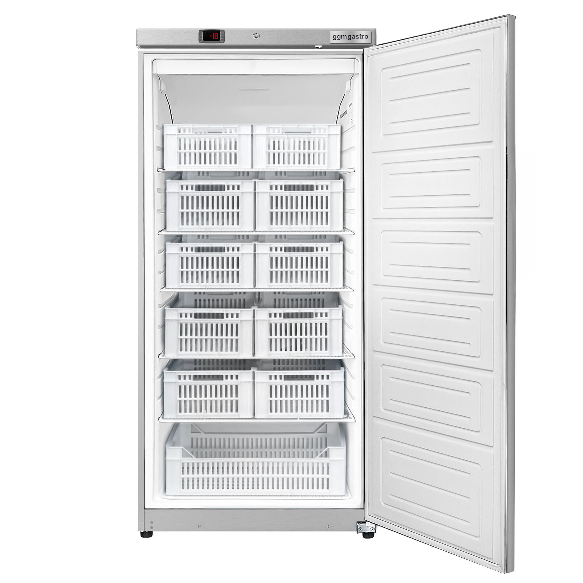 Congélateur de stockage inox ECO – 600 litres – avec 1 porte et 11 paniers – intérieur de la porte en plastique