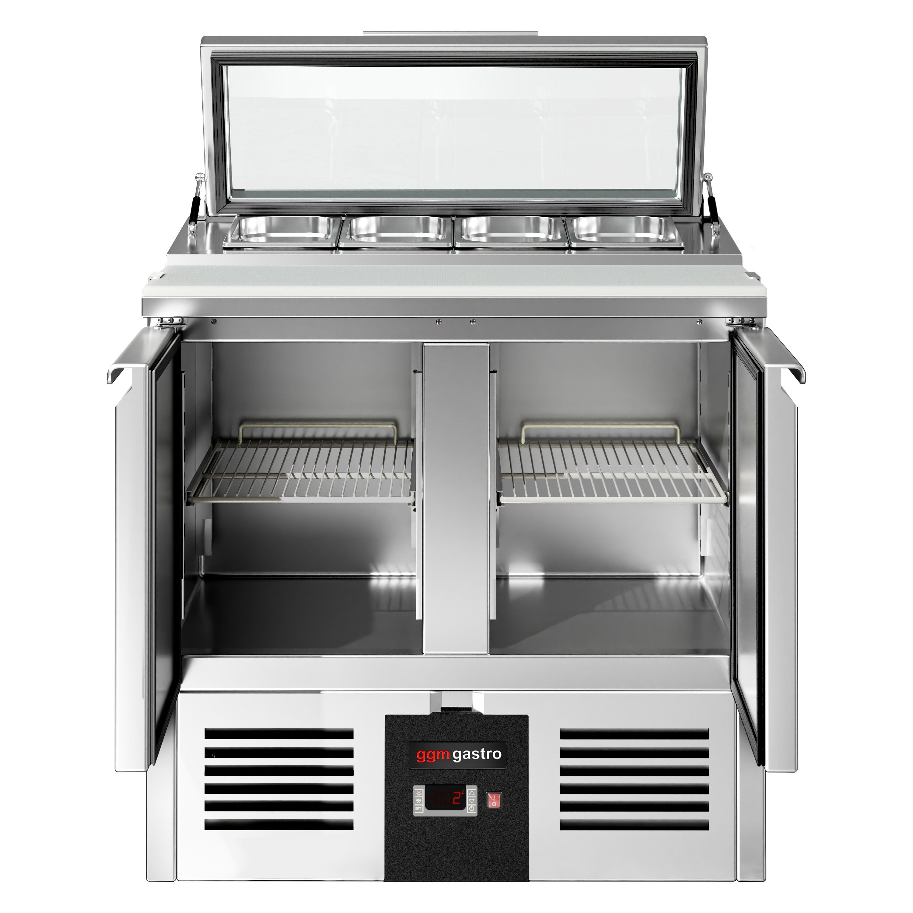Saladette réfrigérée PREMIUM - 900mm - 159L - 2 portes - avec découpe pour 4x GN 1/3 & Couvercle verre