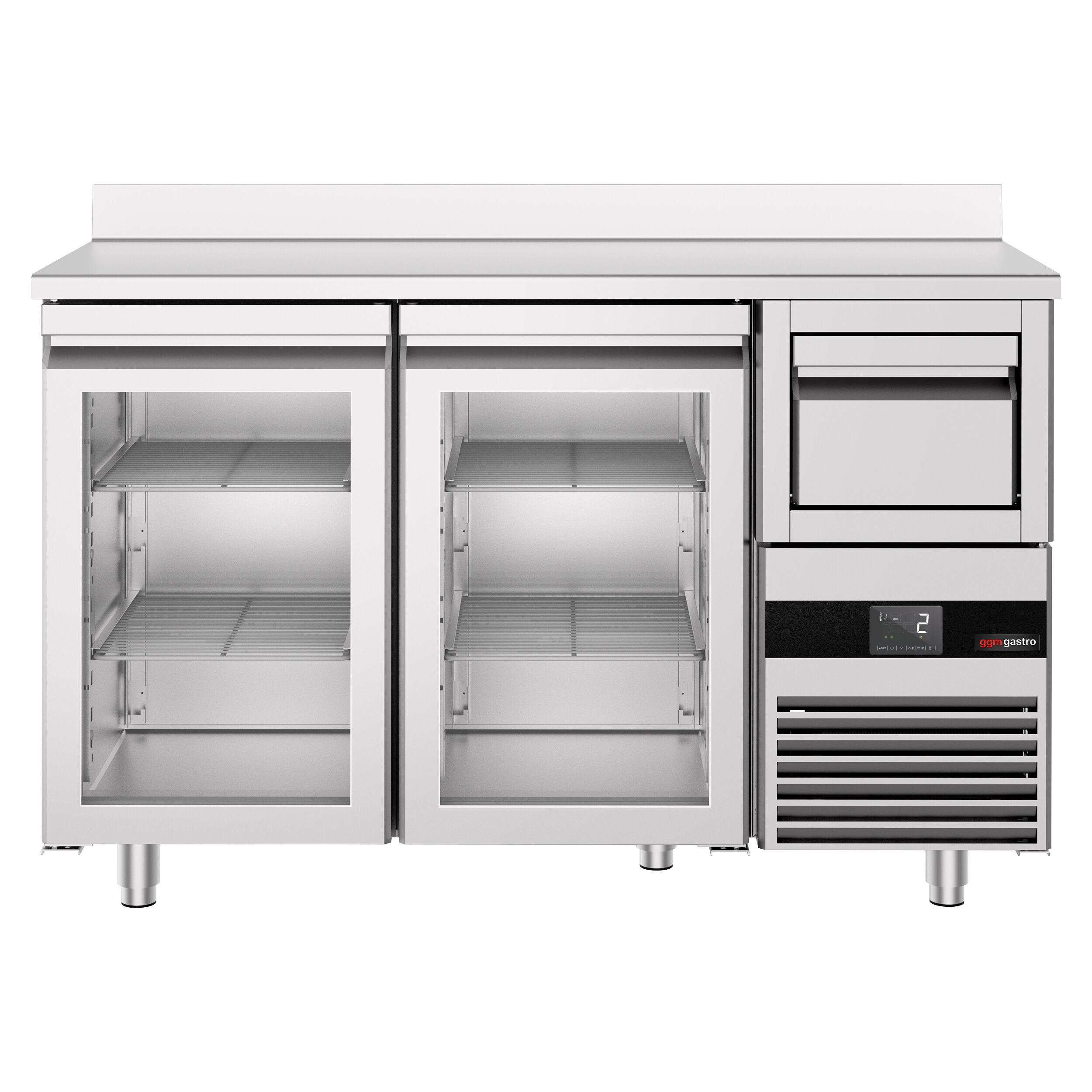 Arrière-bar réfrigéré professionnel PREMIUM - 1580 x 600 mm - avec 2 portes vitrées - avec dosseret - avec tiroir à marc de café