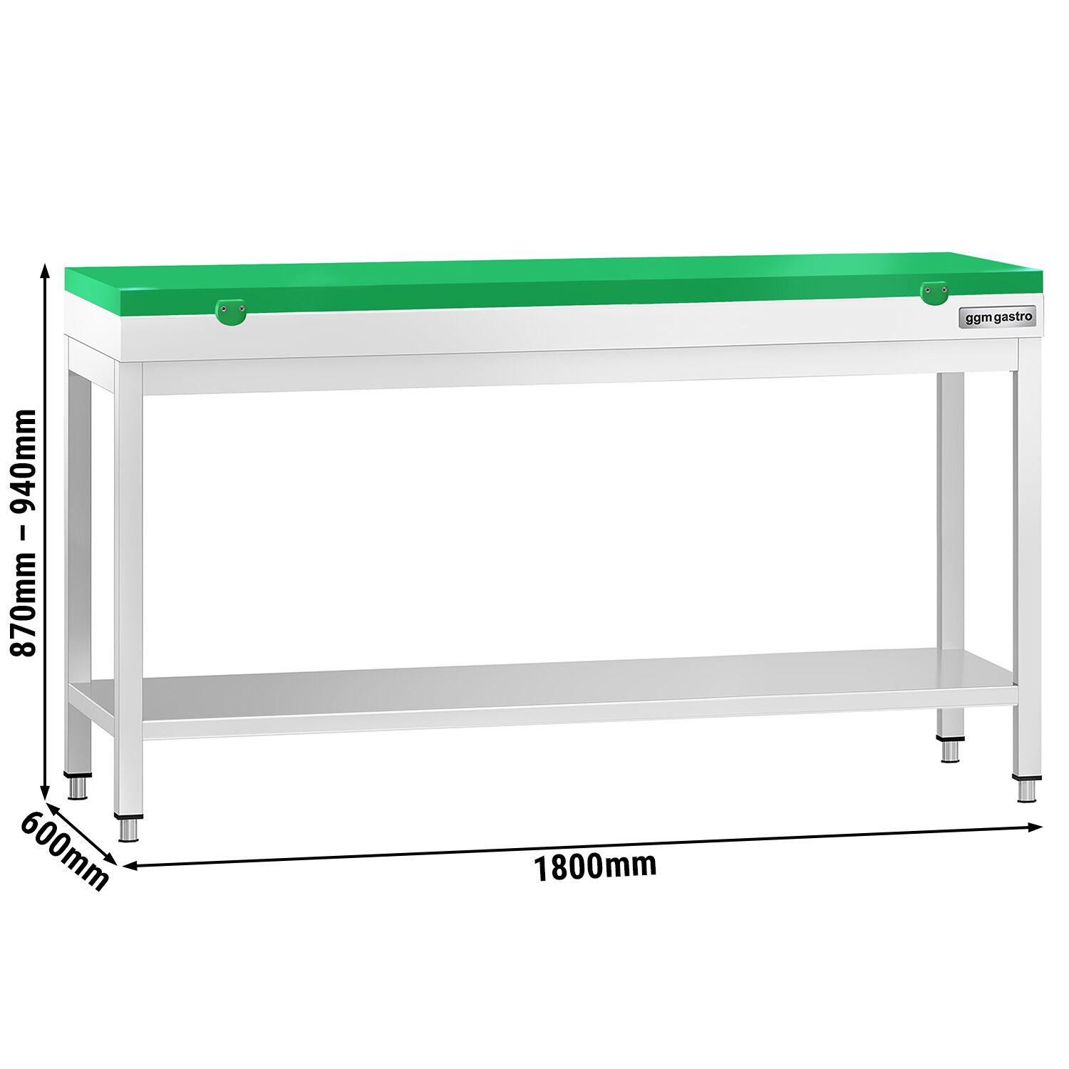 Table de travail inox PREMIUM - 1800 x 600 mm - avec tablette inférieure - incl. Planche à découper Verte