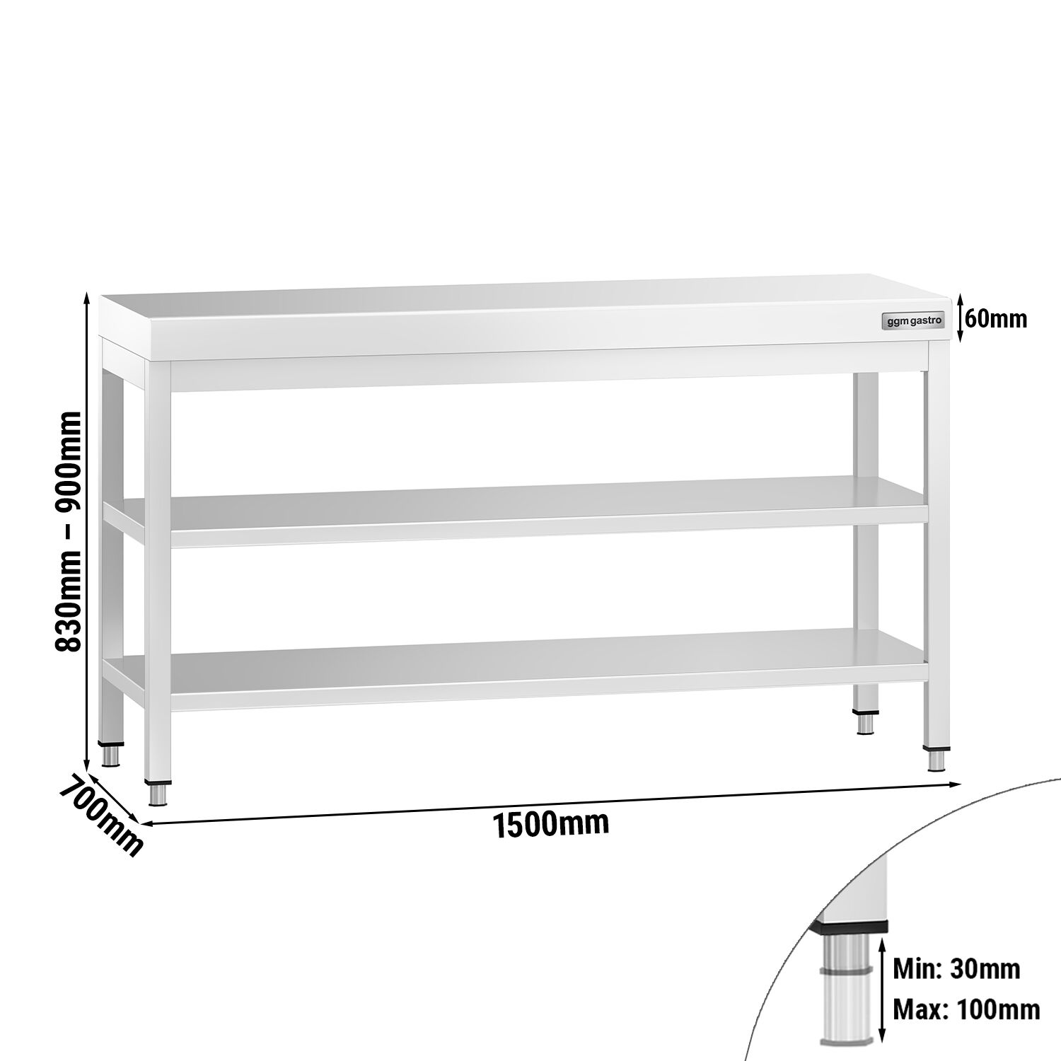 Table de travail inox PREMIUM - 1500 x 700 mm - avec tablette inférieure & Tablette intermédiaire