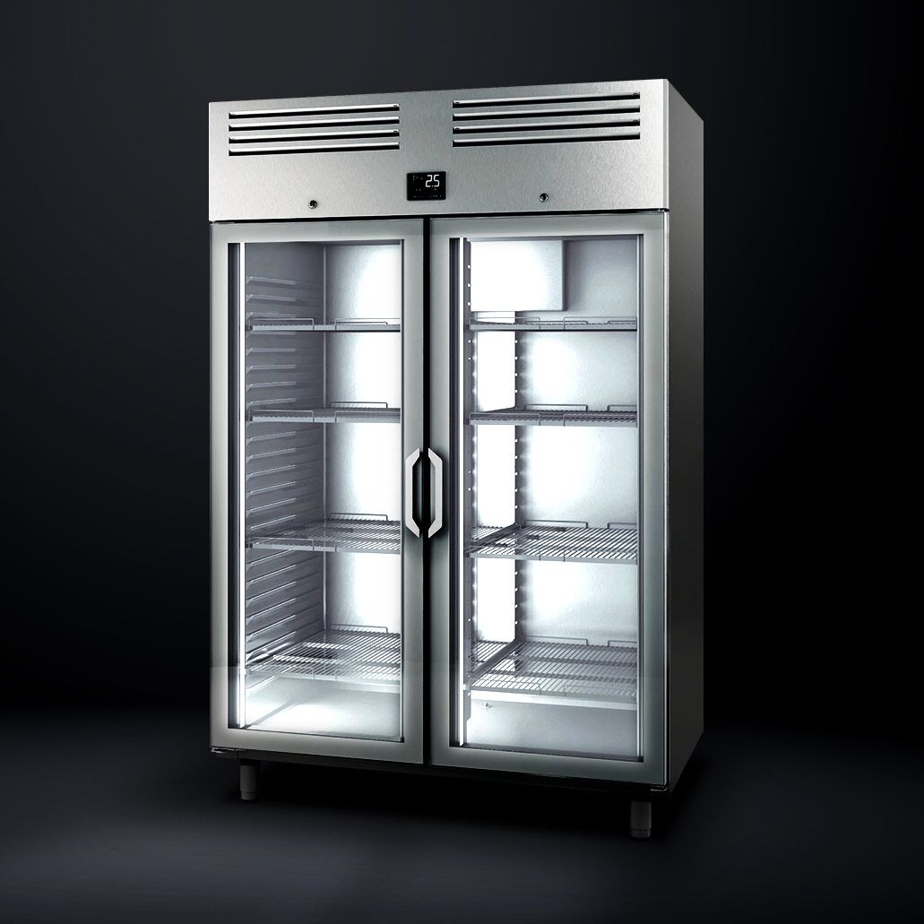 Upright Display Fridge Stainless steel PREMIUM PLUS - GN 2/1 - 1240L - with 2 glass doors