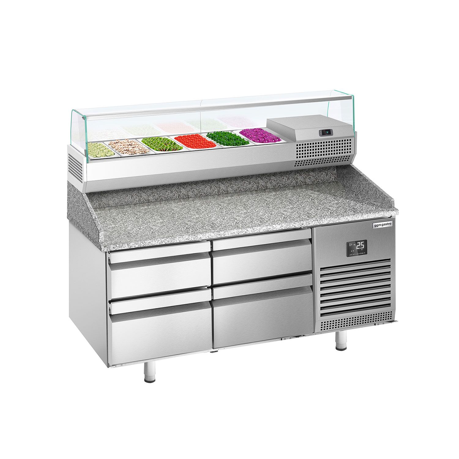 Table réfrigérée à pizza Premium PLUS - 1490x700 mm - avec 4 tiroirs - incl. vitrine réfrigérée - 6x GN 1/4