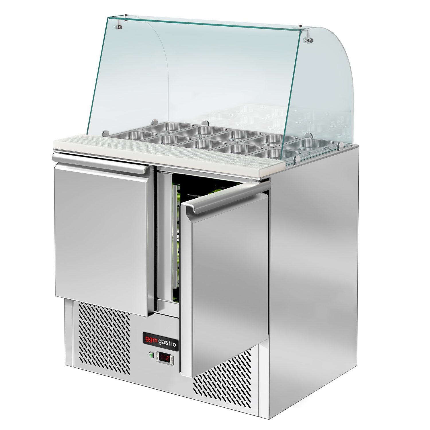 Saladette réfrigérée ECO - 900mm - 240L - 2 portes - avec vitrine de comptoir pour 2x GN 1/1 & 3x GN 1/6