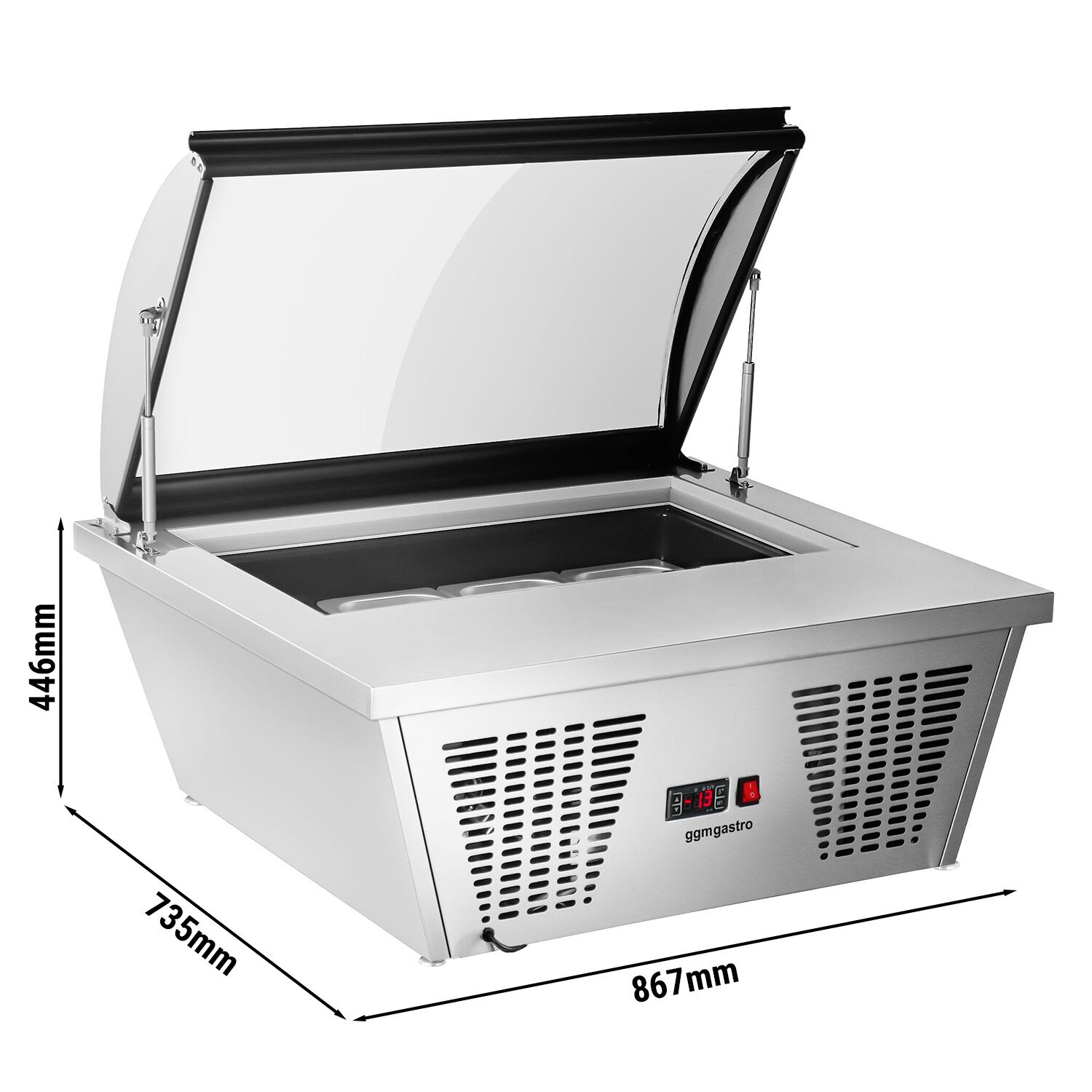 Vitrine à glaces à poser - 867x735mm - Froid statique - Couvercle vitré basculant - avec éclairage LED - pour 4 bacs de 5 L - Côté service