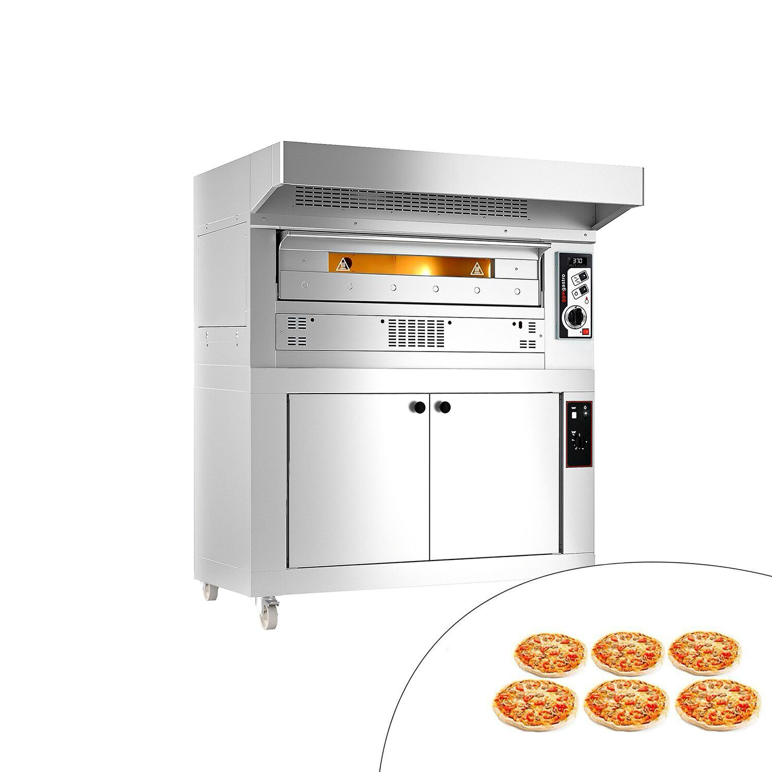 Four à pizza à gaz - 6 x 33 cm - Manuel - avec hotte, armoire de fermentation et 2 cadres
