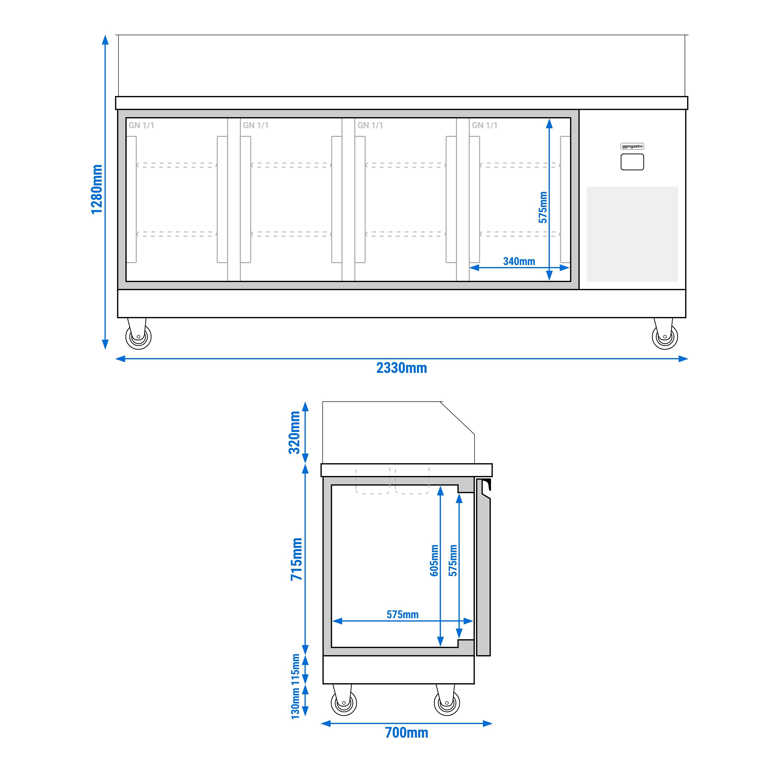 Saladette réfrigérée PREMIUM - 2330mm - 4 portes - avec vitrine de comptoir pour 10x GN 1/6