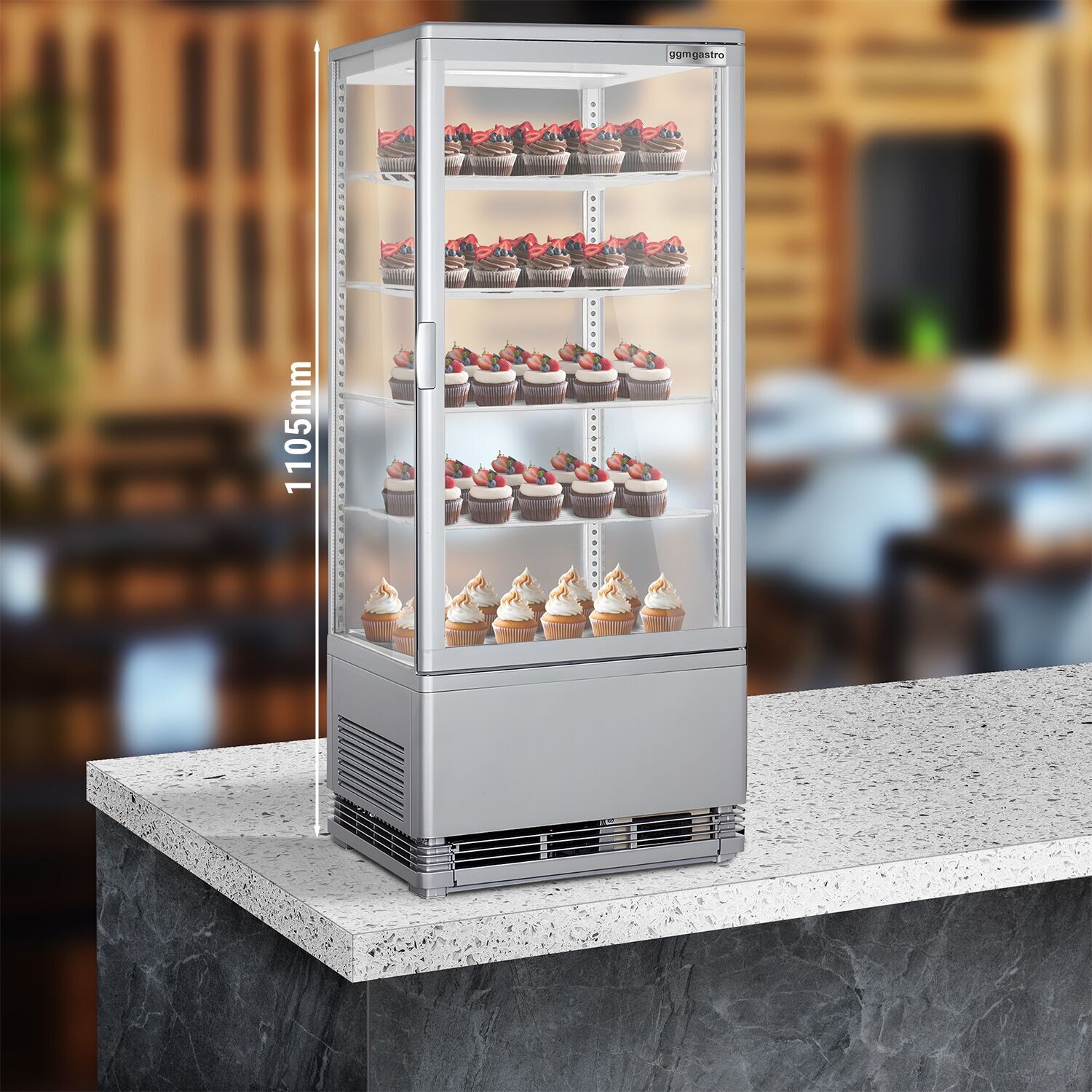 Vitrine réfrigérée 4 faces vitrées / Vitrine panoramique de table – 98 litres – 420 mm – avec 4 étagères – Argent