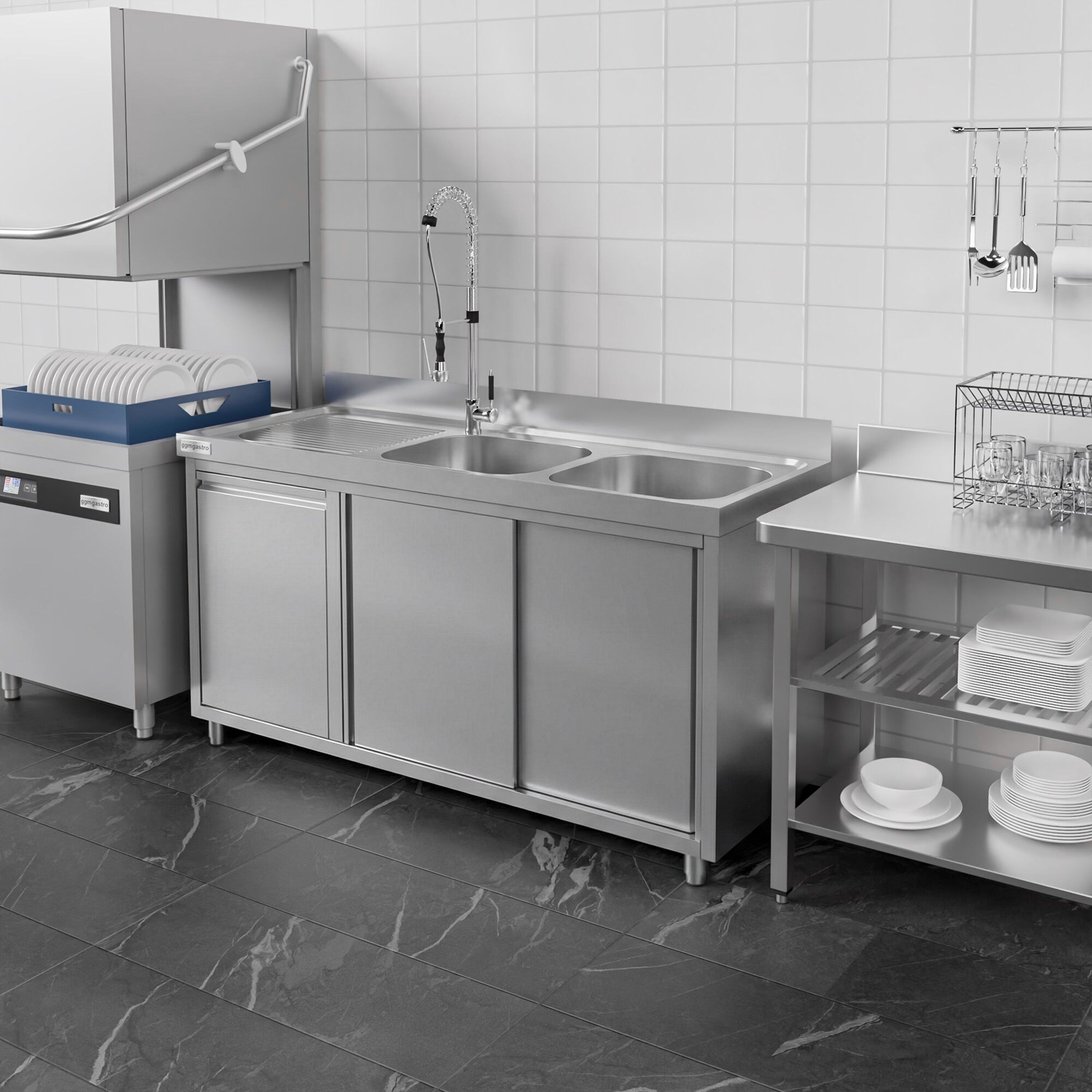 Meuble évier ECO - 2000 x 600 mm - avec poubelle & 2 bacs à droite