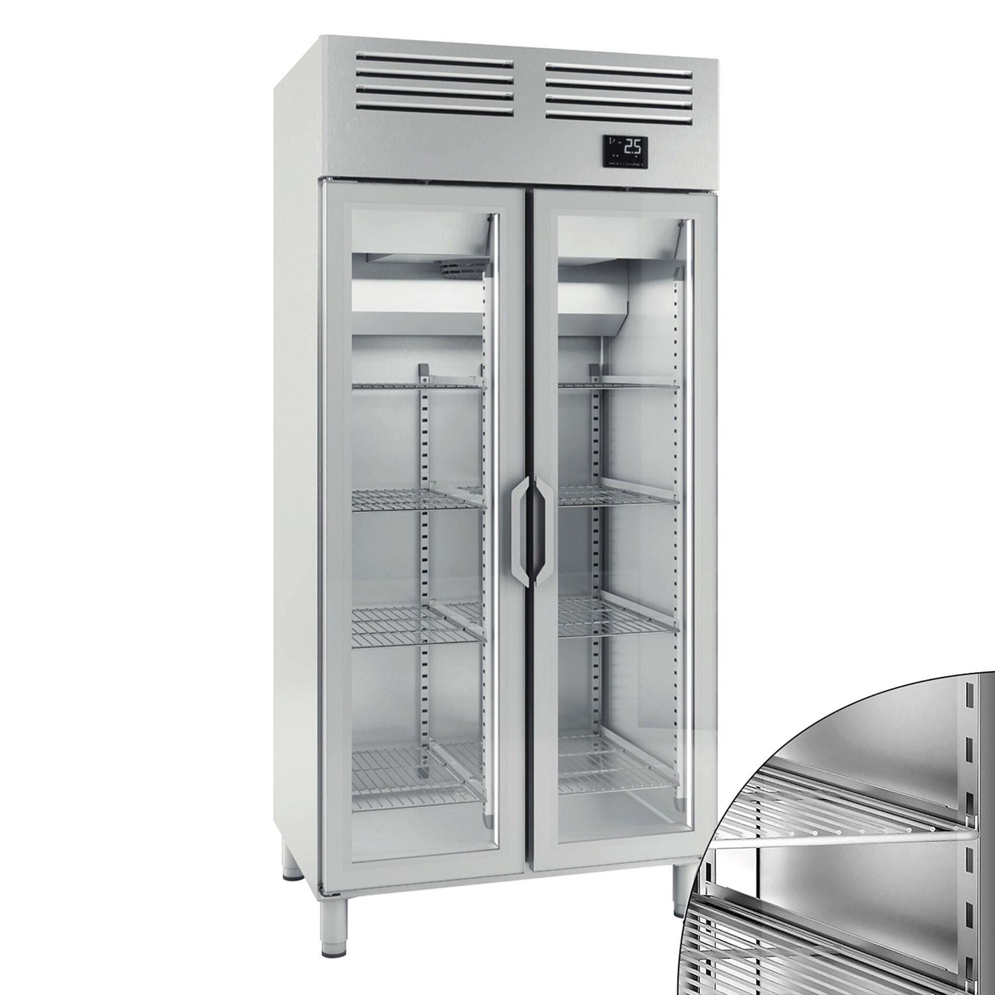 Armoire réfrigérée vitrée positive en acier inoxydable AISI 304 PREMIUM PLUS - GN 1/1 - 745 L - avec 2 portes vitrées & Glissières GN & 8 grilles GN 1/1