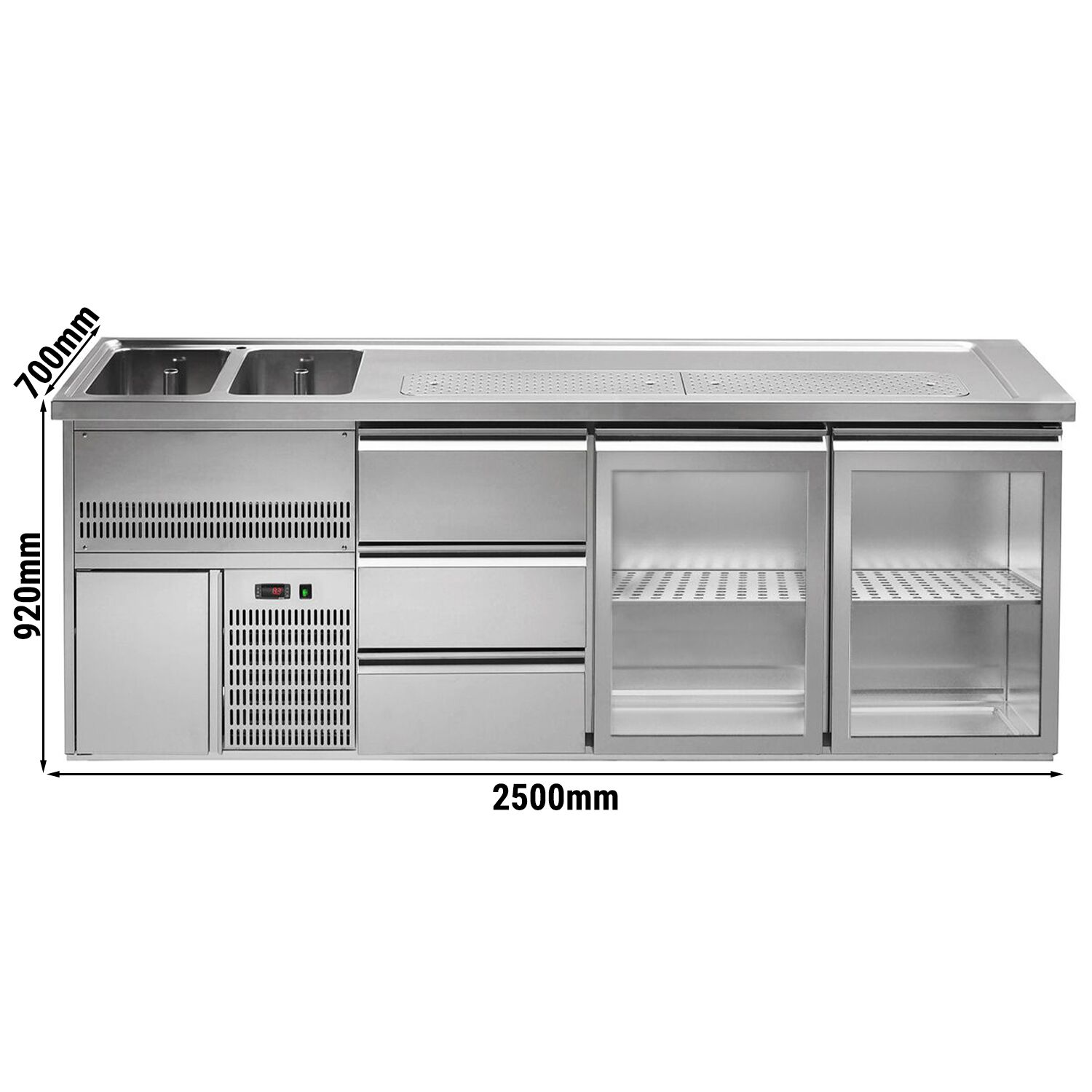 Comptoir de bar réfrigéré Premium PLUS - 2500x700mm - 2 portes vitrées & 3 tiroirs
