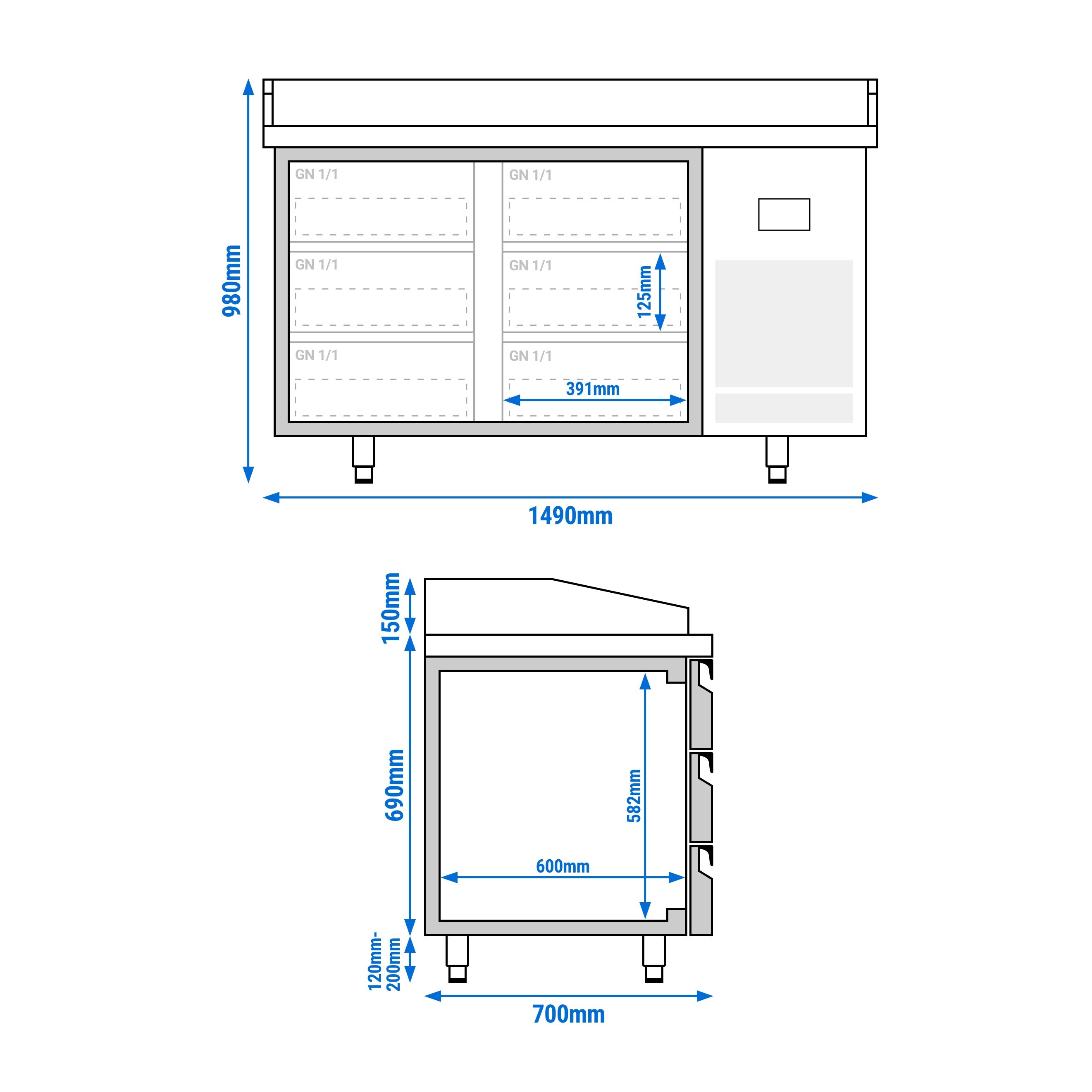 Commercial Pizza Prep Counter - Granite Top PREMIUM PLUS - 1980x700mm - with 0 doors & 6 dough drawers