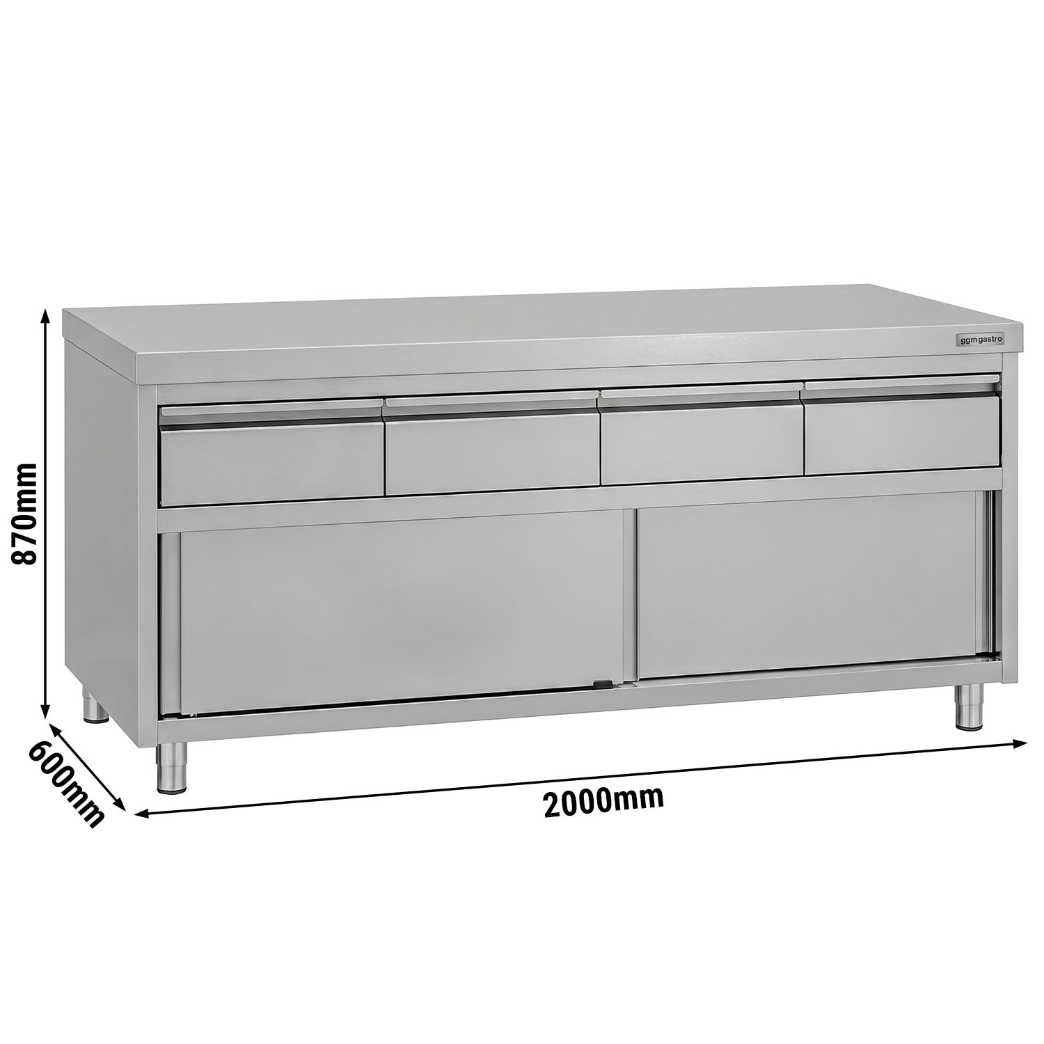 Armoire de travail en acier inoxydable ECO - 2000 x 600 mm - avec 4 tiroirs et une porte coulissante