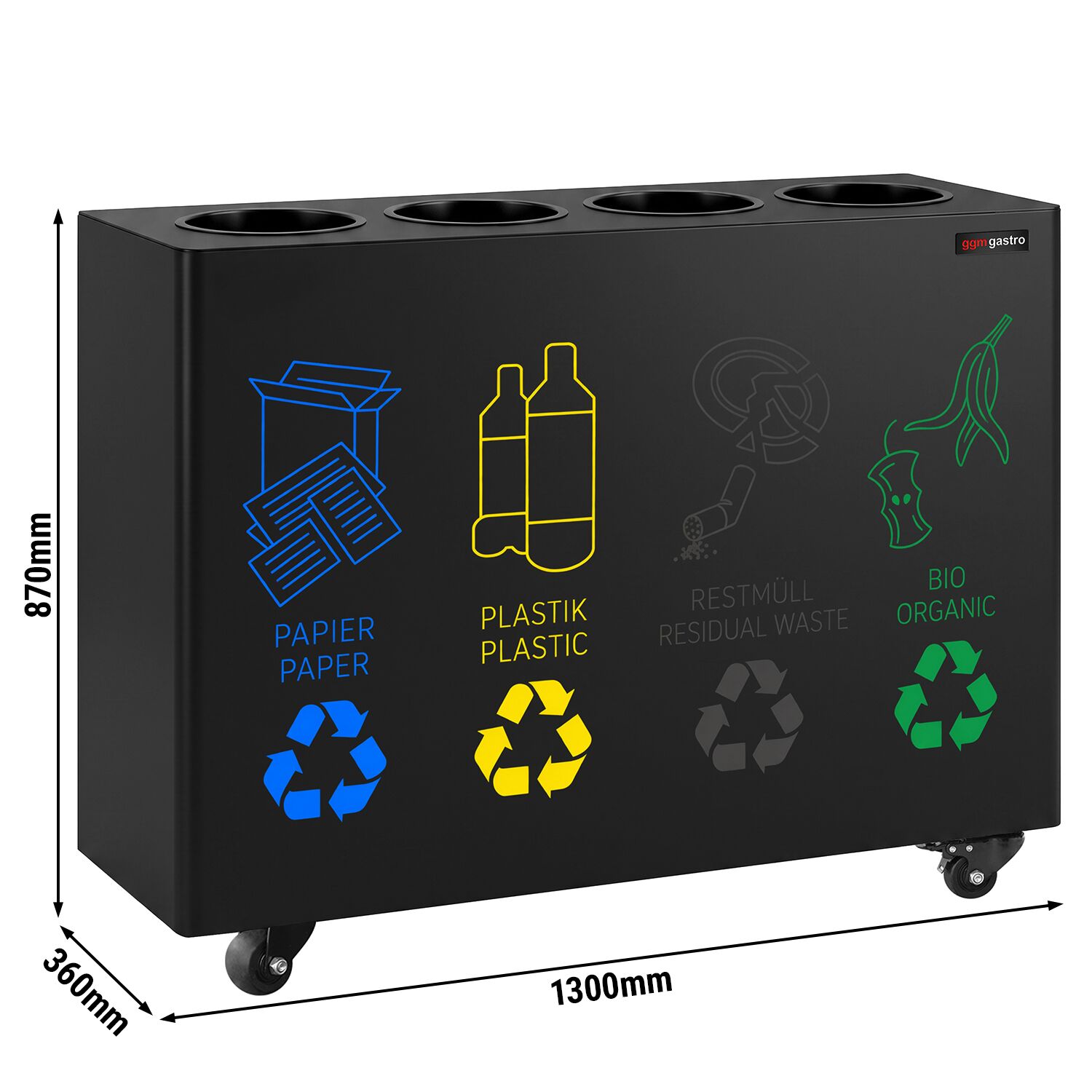 Waste sorting system – 4 bins, 30 litres each – Black – with 4 castors