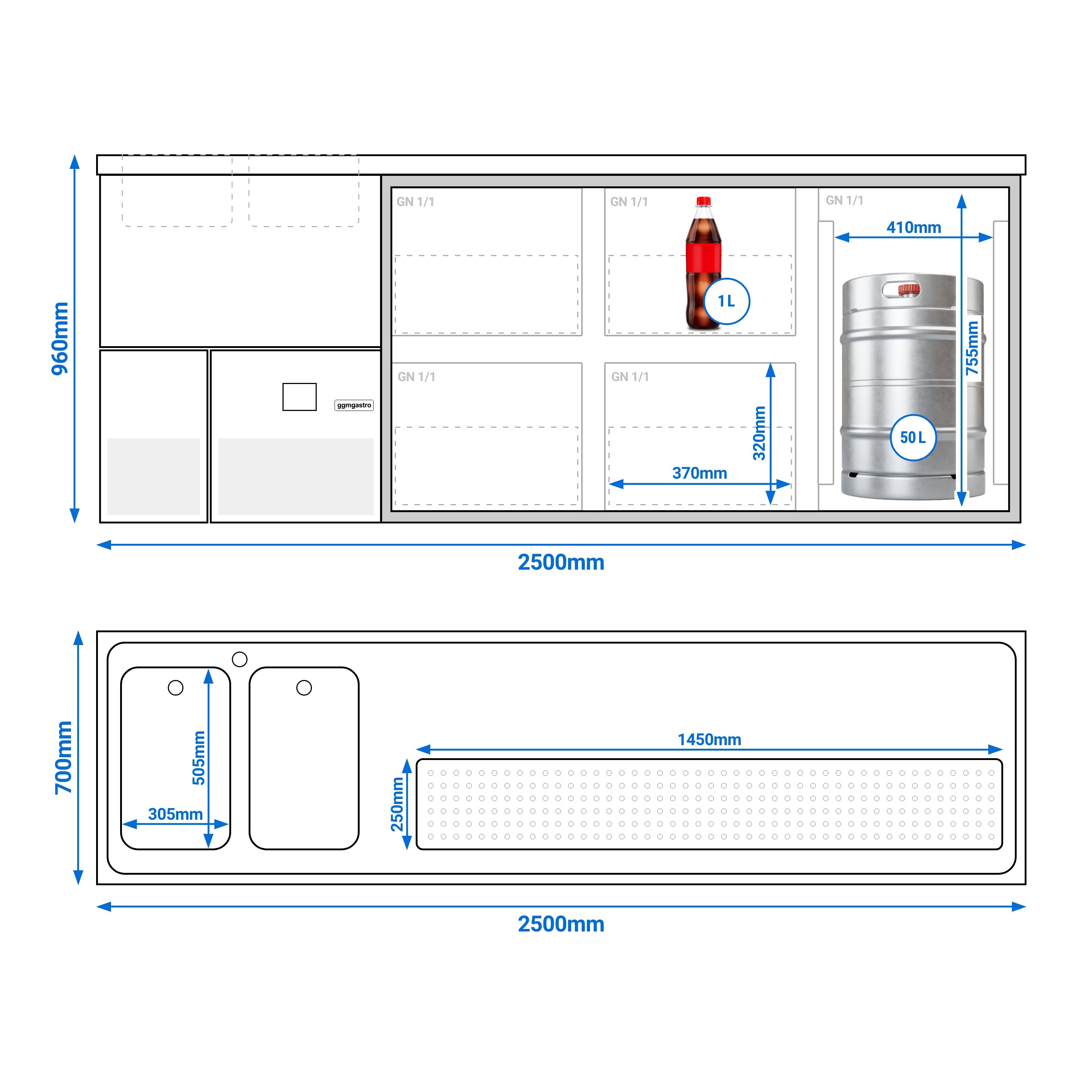 Comptoir de bar réfrigéré PREMIUM - 2500x700mm - 1 porte & 4 tiroirs