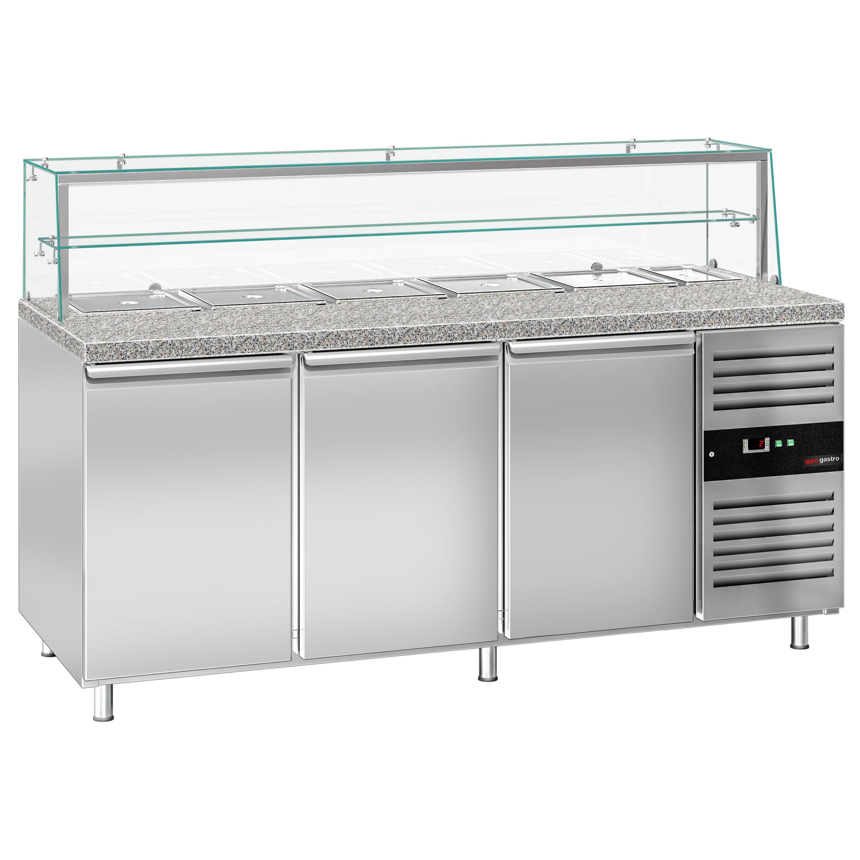 Saladette réfrigérée PREMIUM - 2020mm - 580L - 3 portes - avec vitrine de comptoir pour 5x GN 1/1 & 1x GN 2/4 & 1 étagère - plan de travail en granit noir