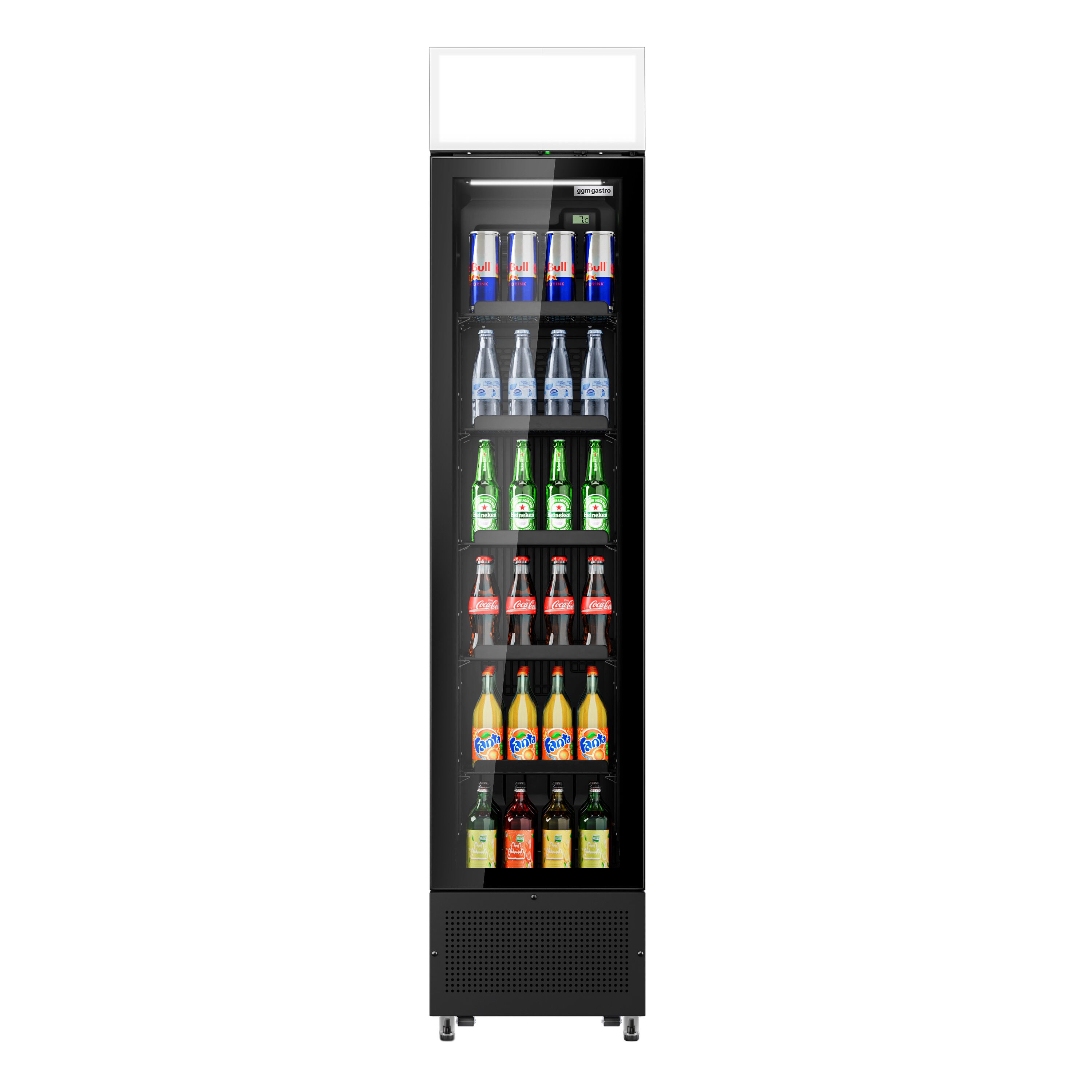 Commercial Beverage Display Fridge with Illuminated Canopy - 435mm - 145 Litres - with 1 hinged glass door - LED lighting - Black - Temperature range 1 to 10 °C