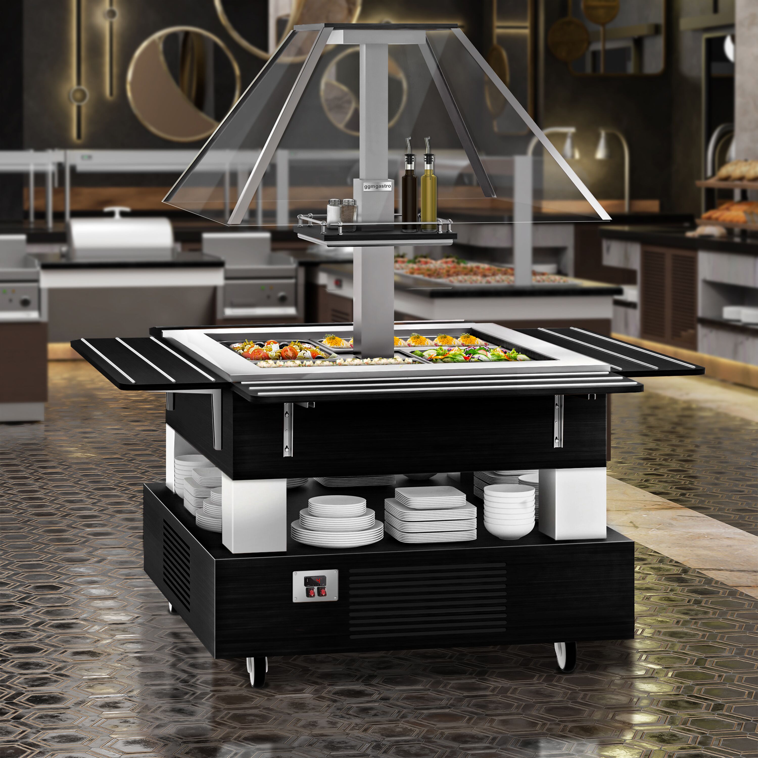Bar à salades / buffet froid DUBLIN - 1700 mm - avec vitrine en verre inclinée - pour 4x GN 1/1 - Noir