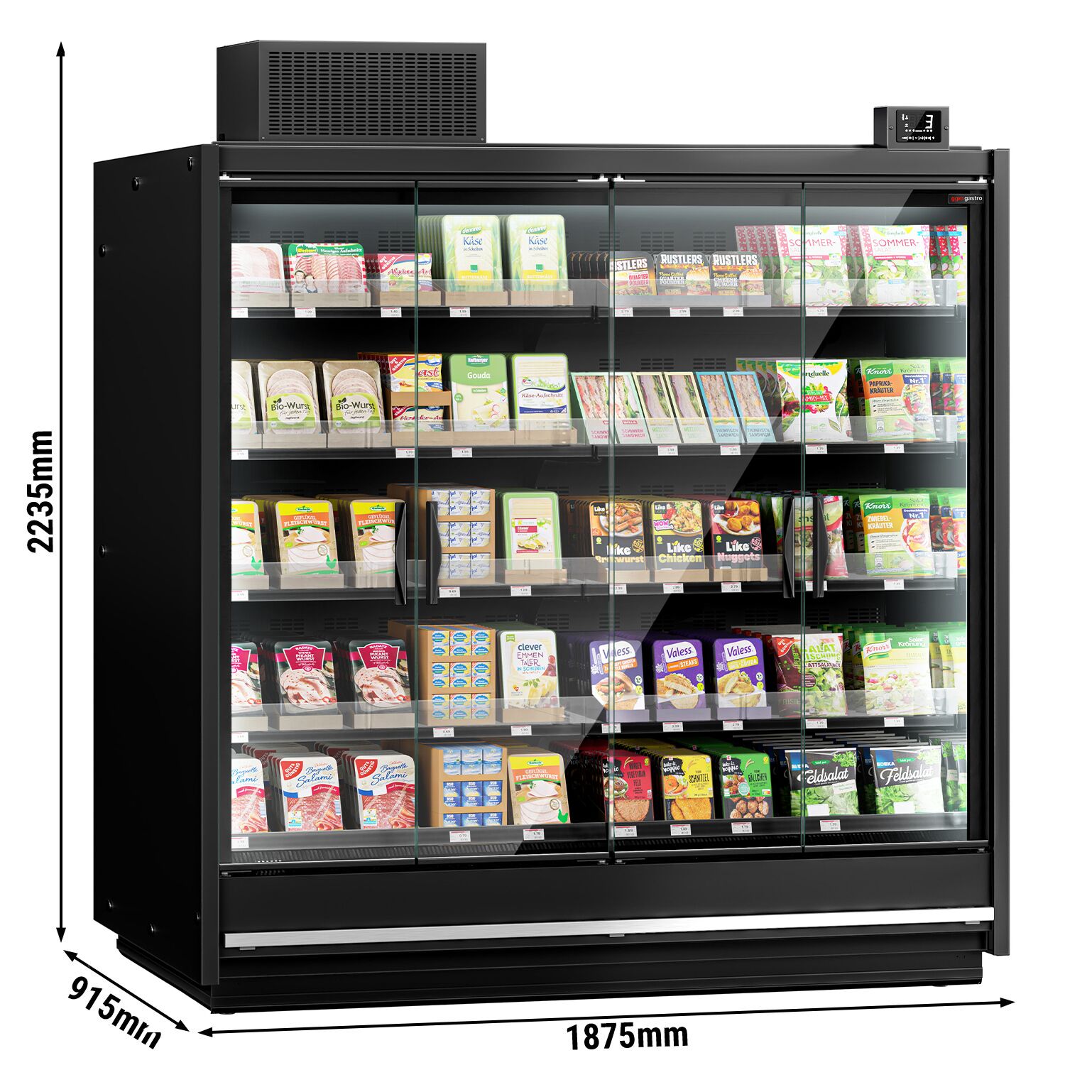 (6 pcs) Vitrine murale de congélation de supermarché - 11250mm - avec 4 portes battantes vitrées & 5 étagères - Noir