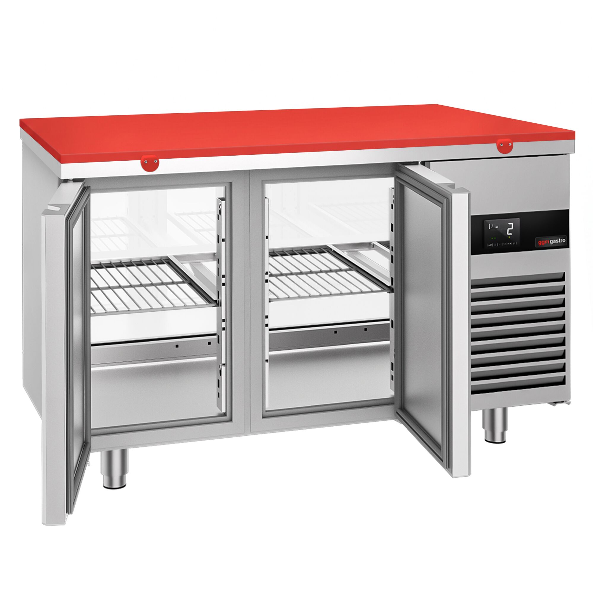 Refrigerated Counter – 1400 × 700 mm – Rear Side with 2 Doors – Glass Front – incl. Red Cutting Board