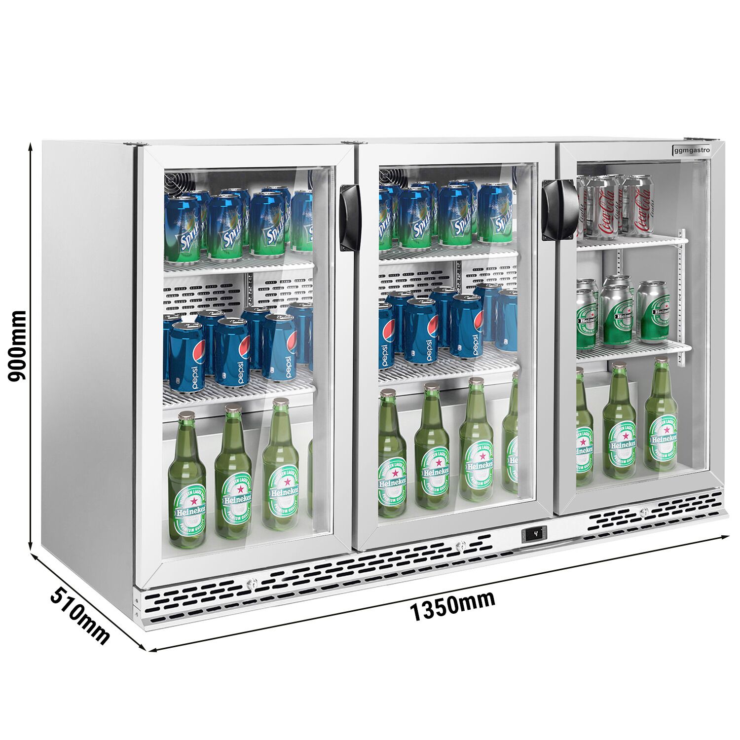 Réfrigérateur de bar – 1350 mm – 330 litres – avec 3 portes vitrées battantes – en inox