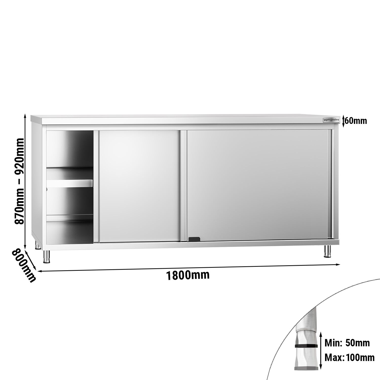 Table armoire en acier inoxydable PREMIUM - 1800x800mm - avec portes coulissantes