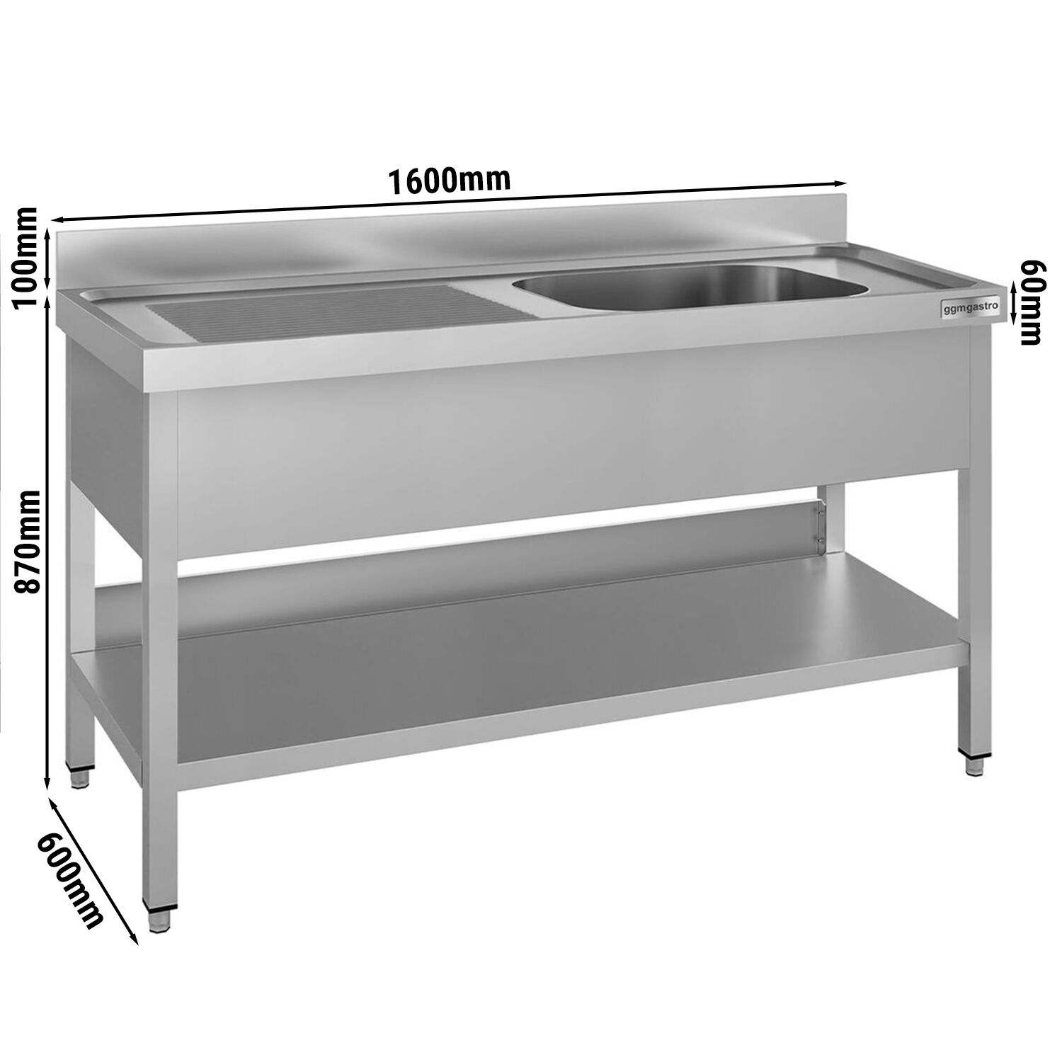 Plonge en inox ECO - 1600x600mm - avec étagère basse - 1 bac à droite