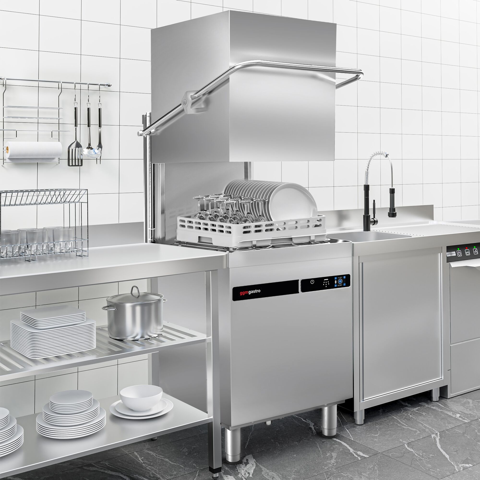 Lave-vaisselle à capot – Écran tactile – 9,66 kW – avec table d’entrée à gauche et table de sortie à droite incluses – avec pompe de détergent, de rinçage et de vidange