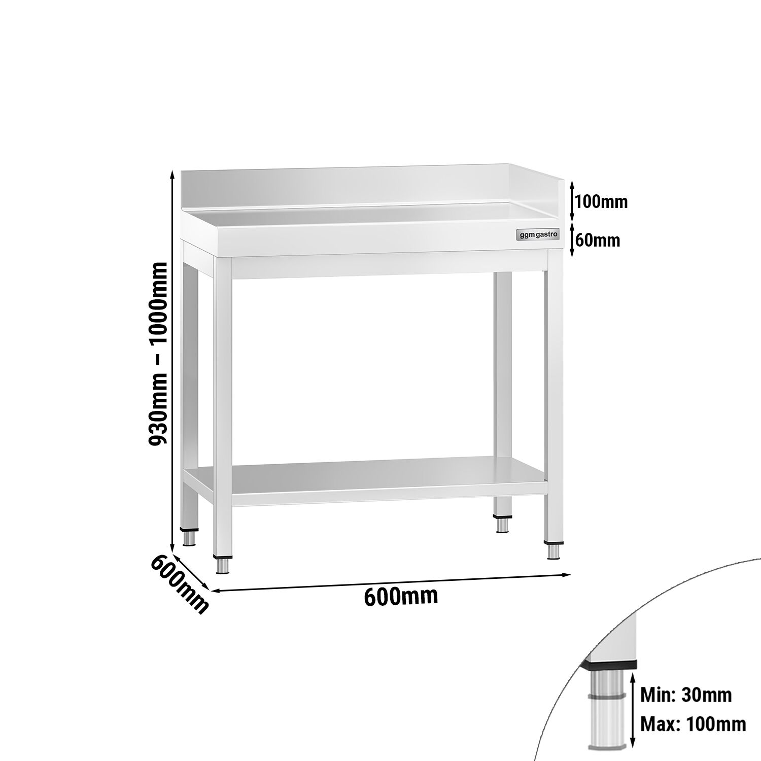 Table de travail inox PREMIUM - 600 x 600 mm - avec tablette inférieure & Dosseret arrière + droit