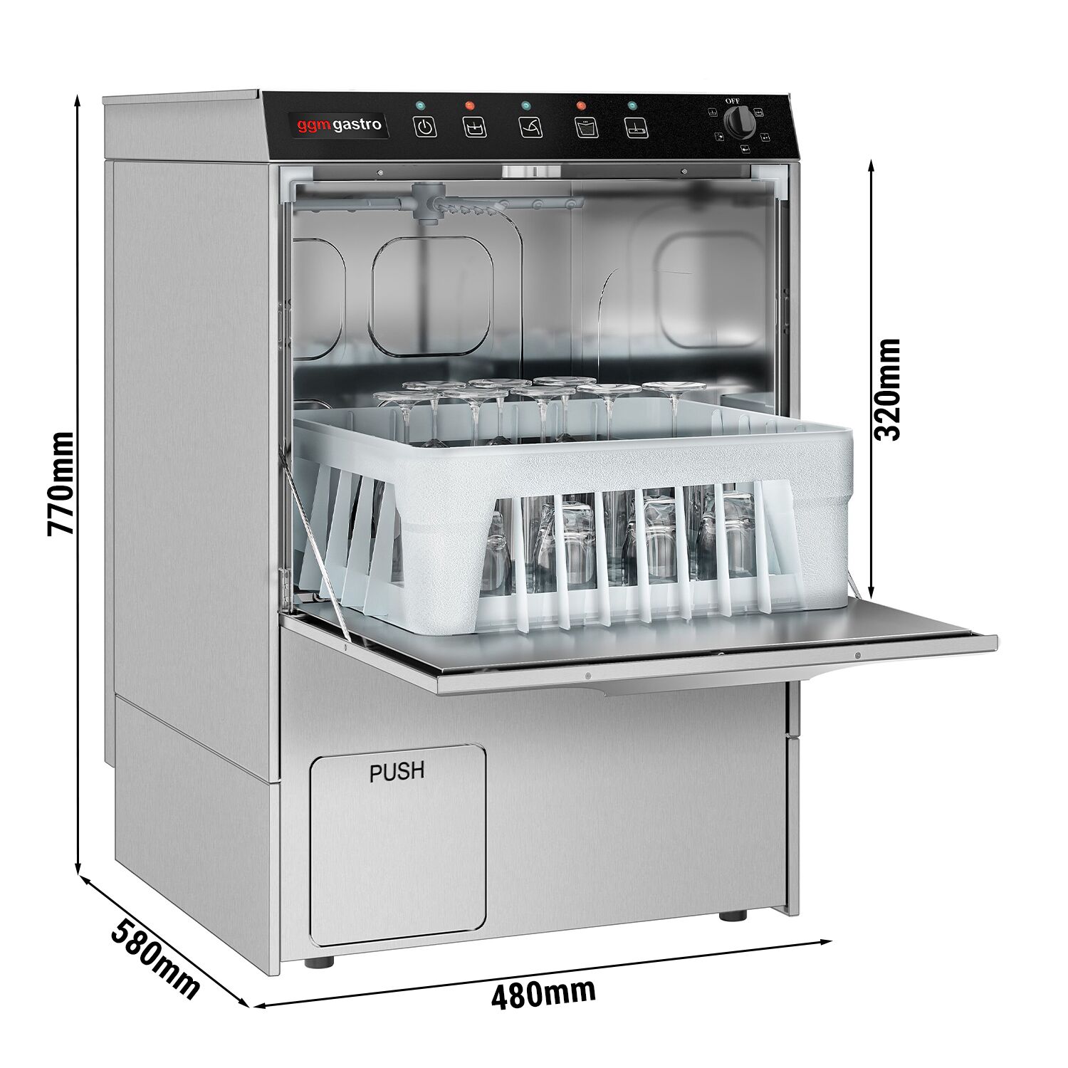 Lave-verres professionnel - Mécanique - 5kW - avec pompes à détergent, de liquide de rinçage et de vidange
