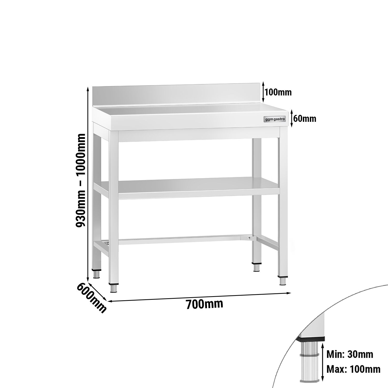 Table de travail inox PREMIUM - 700 x 600 mm - avec tablette inférieure, Dosseret & Renforts