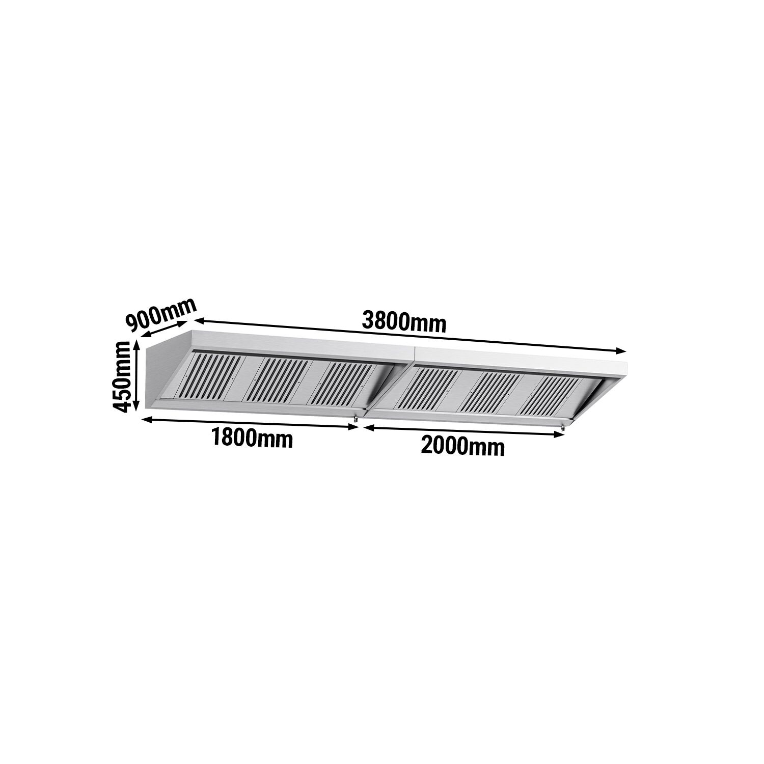 Commercial Wall-Mounted Extraction Canopy - 3800mm - with Baffle Filters & LED Lighting