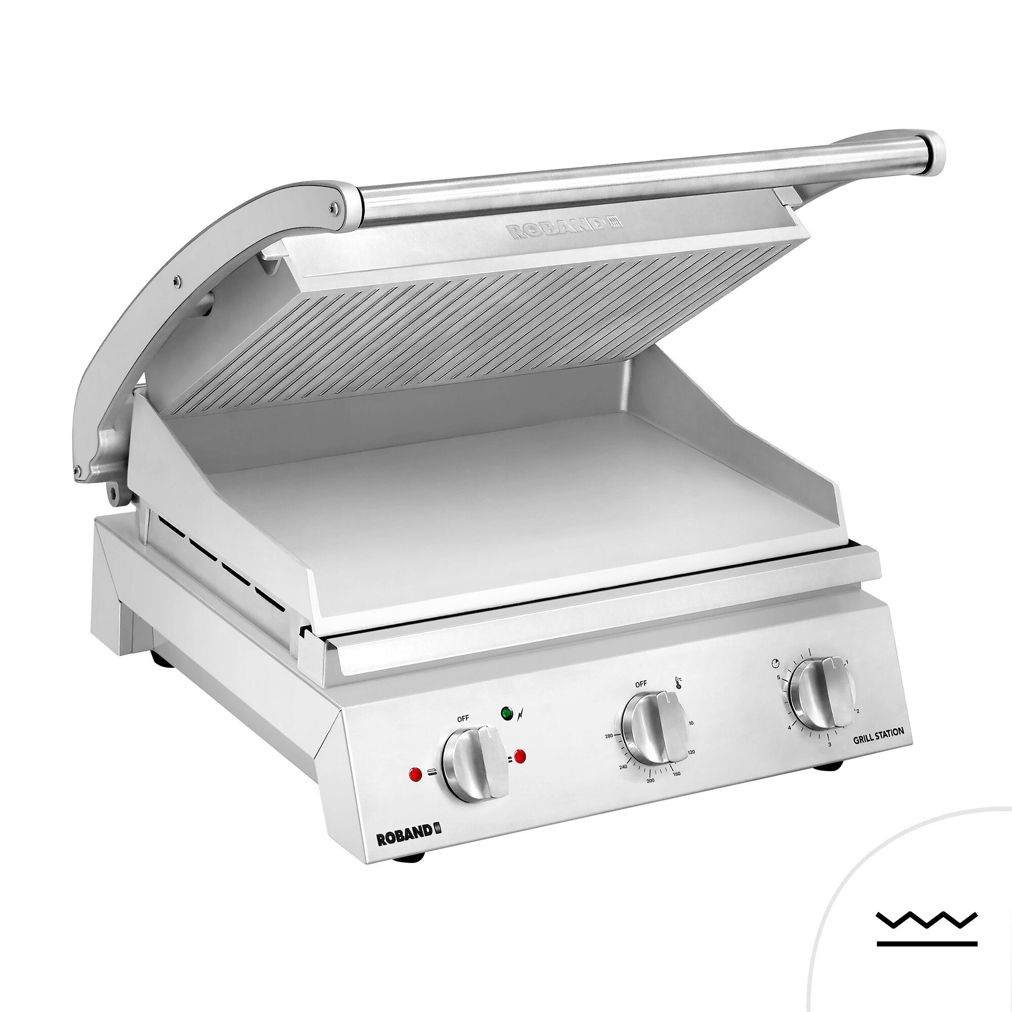 ROBAND | Presse à Panini / Gril de contact – 2,2 kW – plaque supérieure rainurée & plaque inférieure lisse – Surface de cuisson : 375 × 275 mm