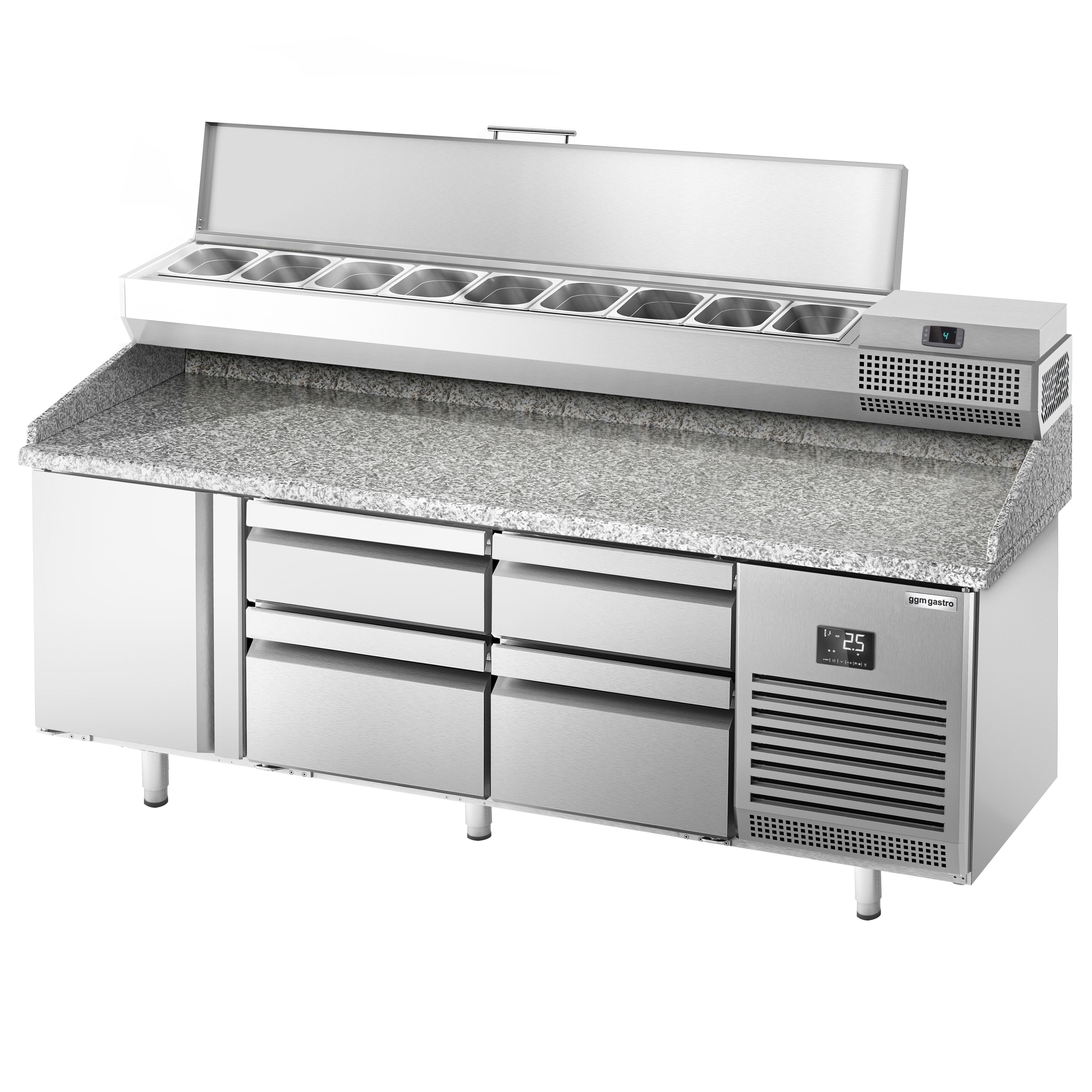Table réfrigérée à pizza Premium PLUS - 1980x700 mm - avec 1 porte & 4 tiroirs - incl. vitrine réfrigérée - 9x GN 1/4