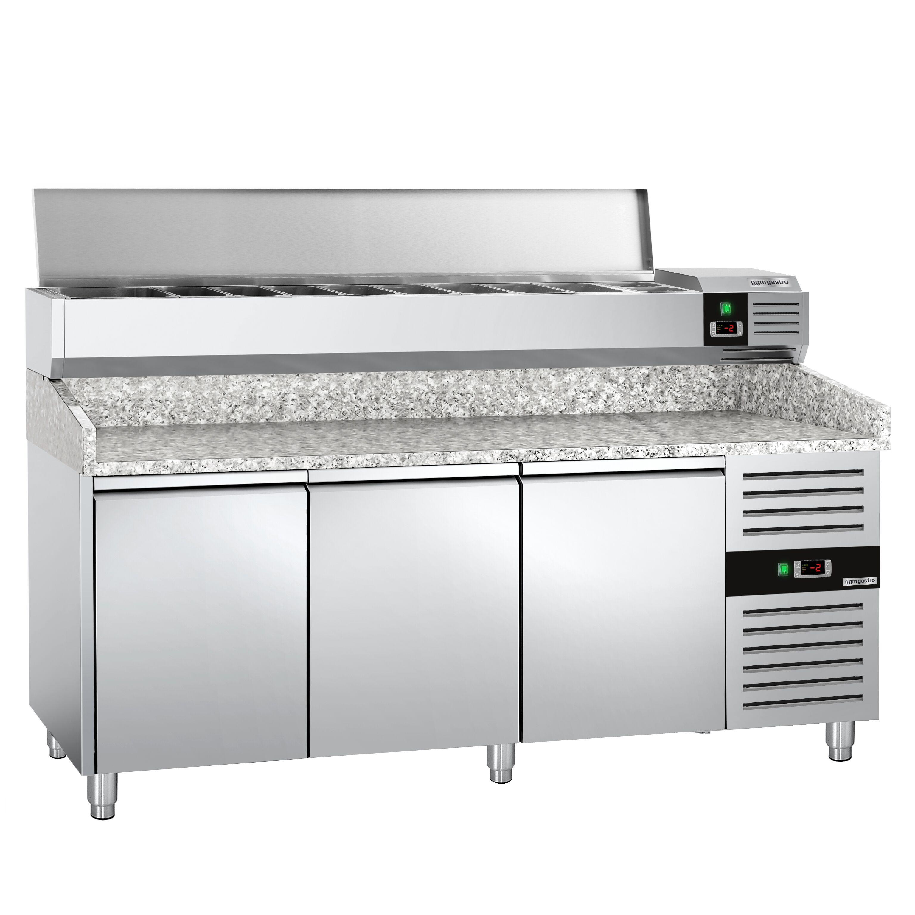 Table réfrigérée à pizza PREMIUM - 2000 x 800 mm - avec 3 portes - incl. vitrine réfrigérée - 10 x GN 1/4