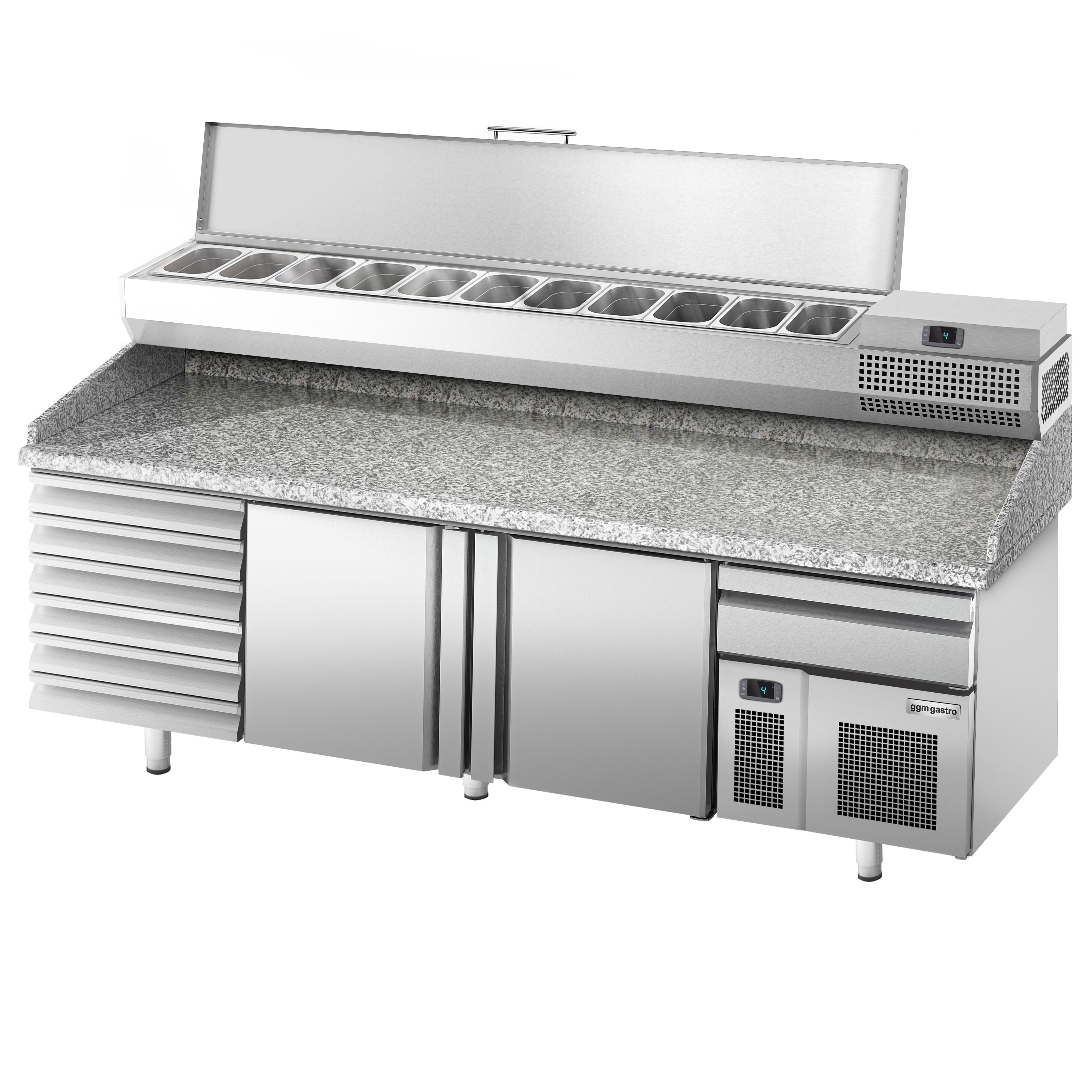 Table réfrigérée à pizza Premium PLUS - 2305x800 mm - avec 2 portes & 7 tiroirs - incl. vitrine réfrigérée pour ingrédients - 11 bacs GN 1/4