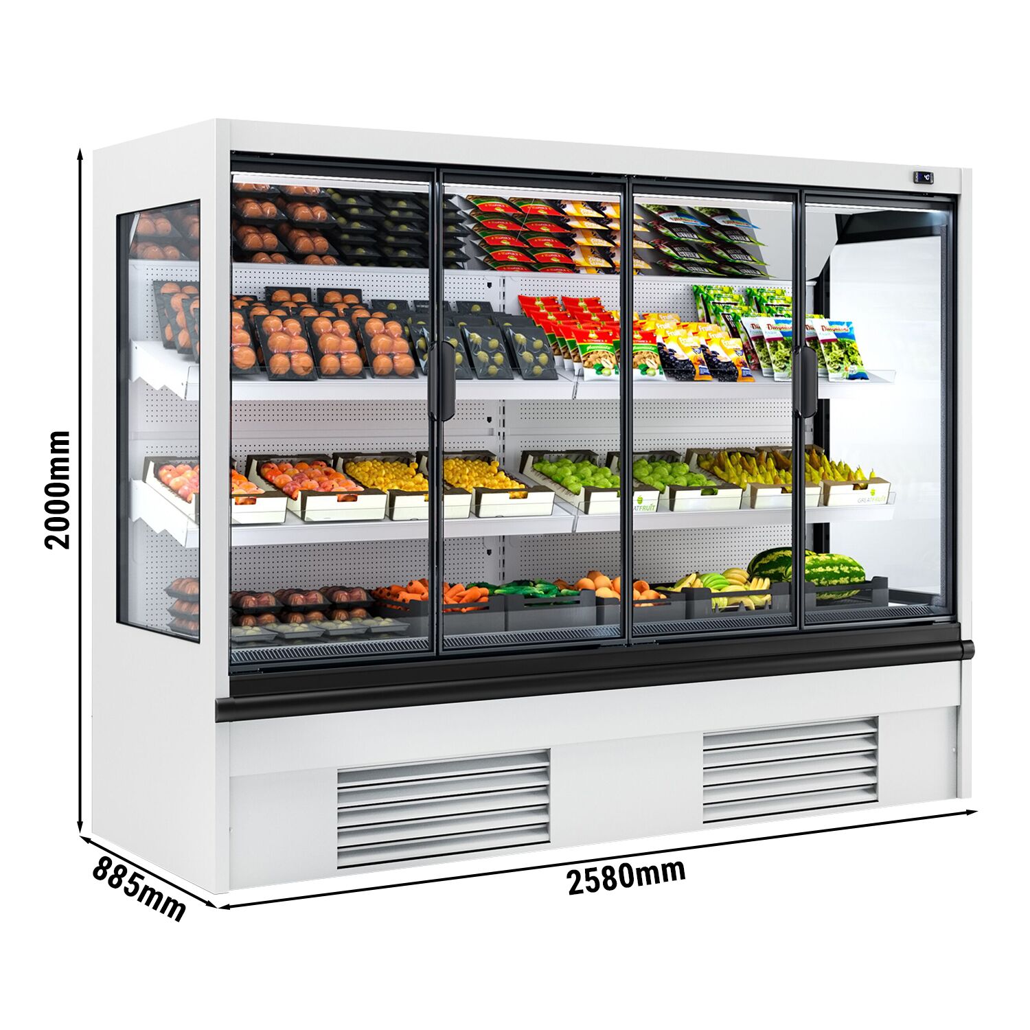 Commercial multideck display fridge - 2500mm - 1408L - with 4 hinged glass doors & 2 shelves - White
