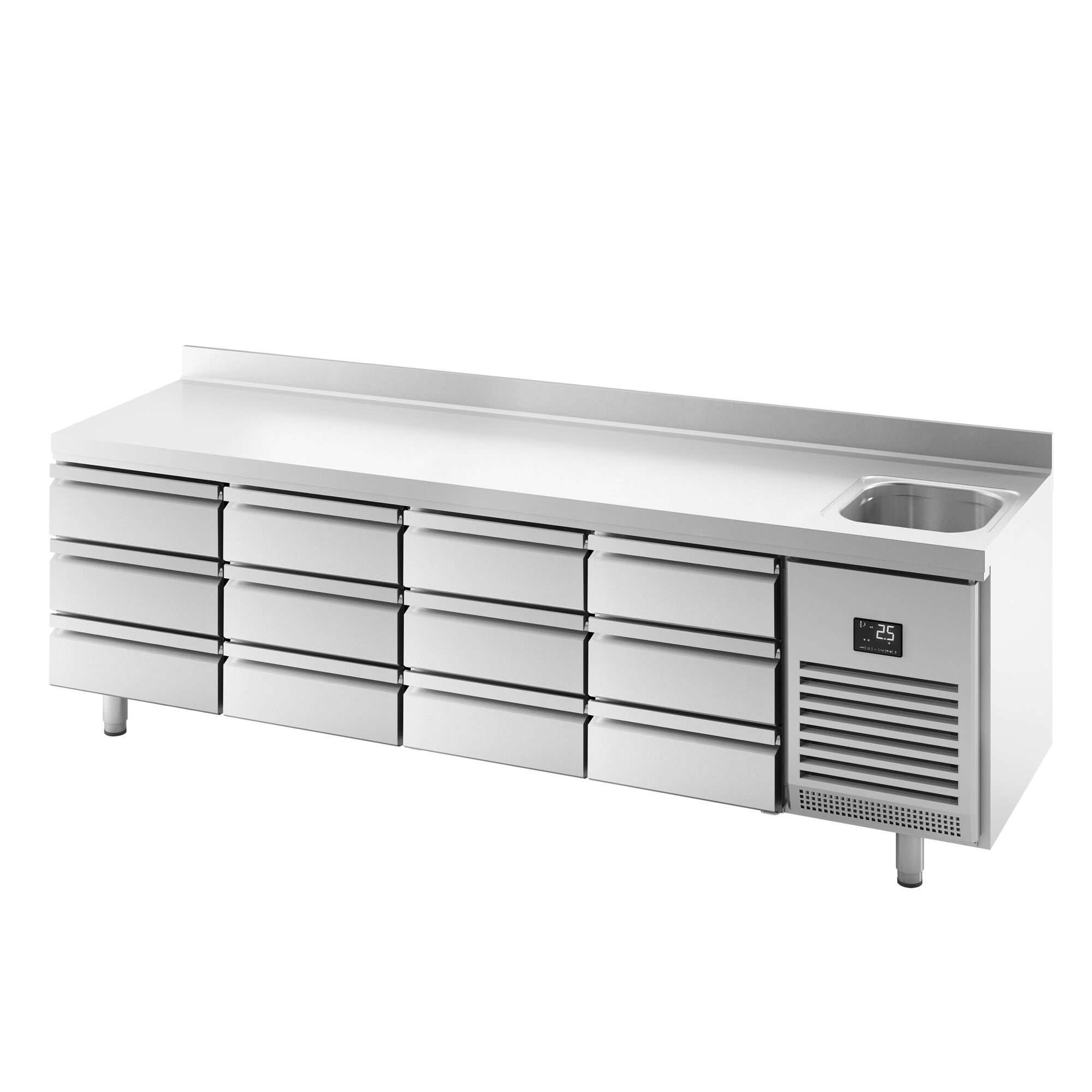 Koelwerkbank PREMIUM PLUS - 2452x700mm - 630 liter - met 1 deur - met 6 lades - opstand