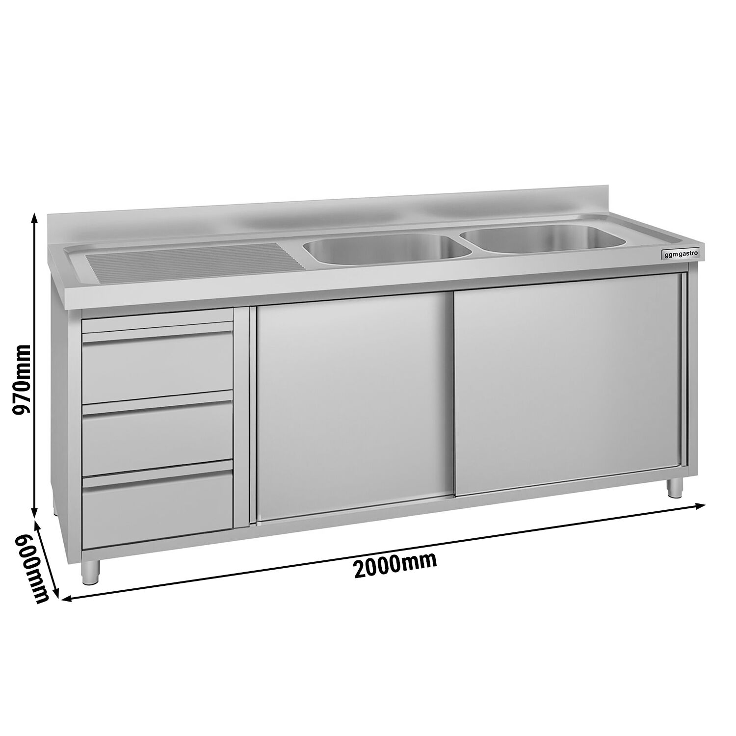 Meuble évier ECO - 2000 x 600 mm - avec 3 tiroirs & 2 bacs à droite