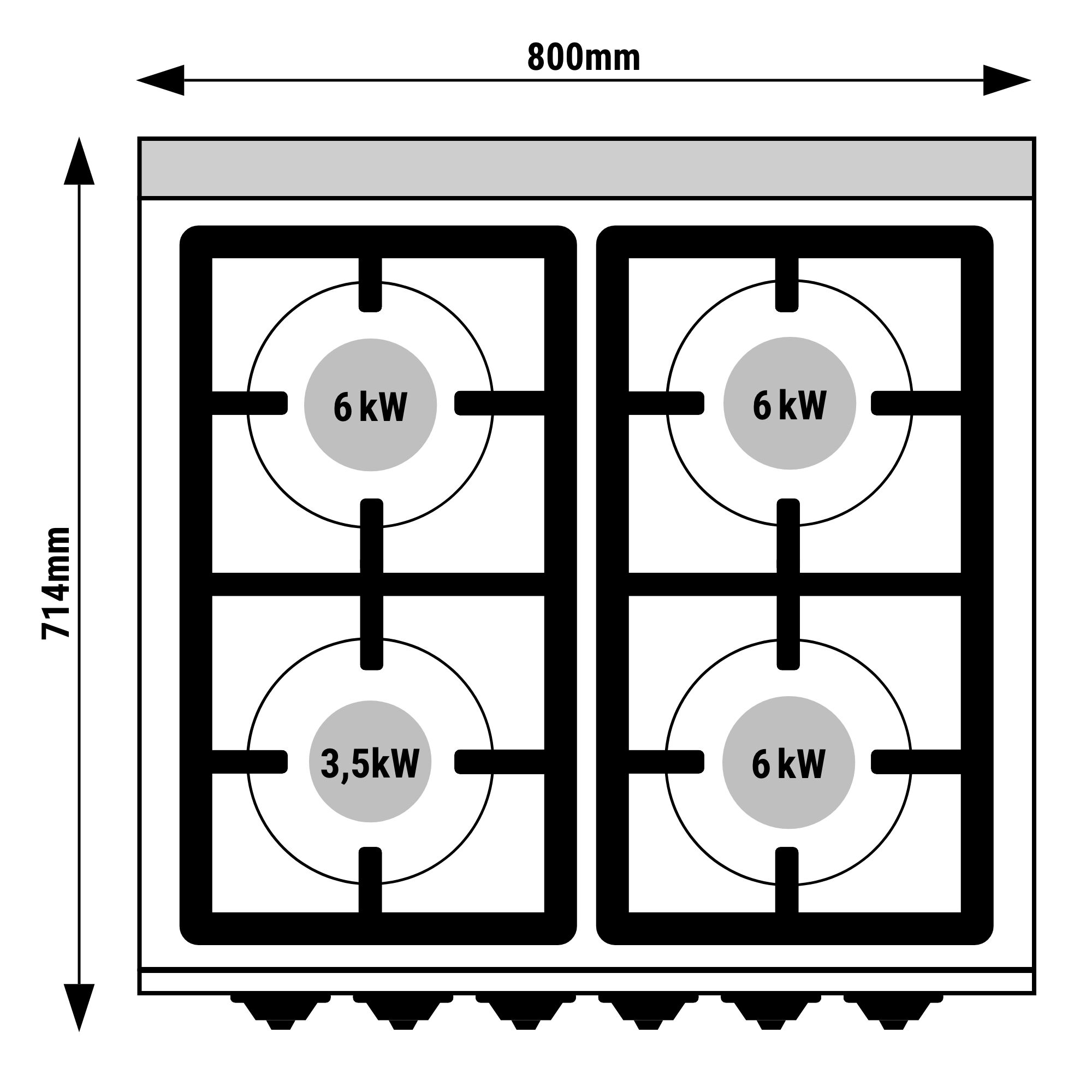 Fourneau à gaz – 21,5 kW – 4 brûleurs – avec four électrique statique – 7,5 kW