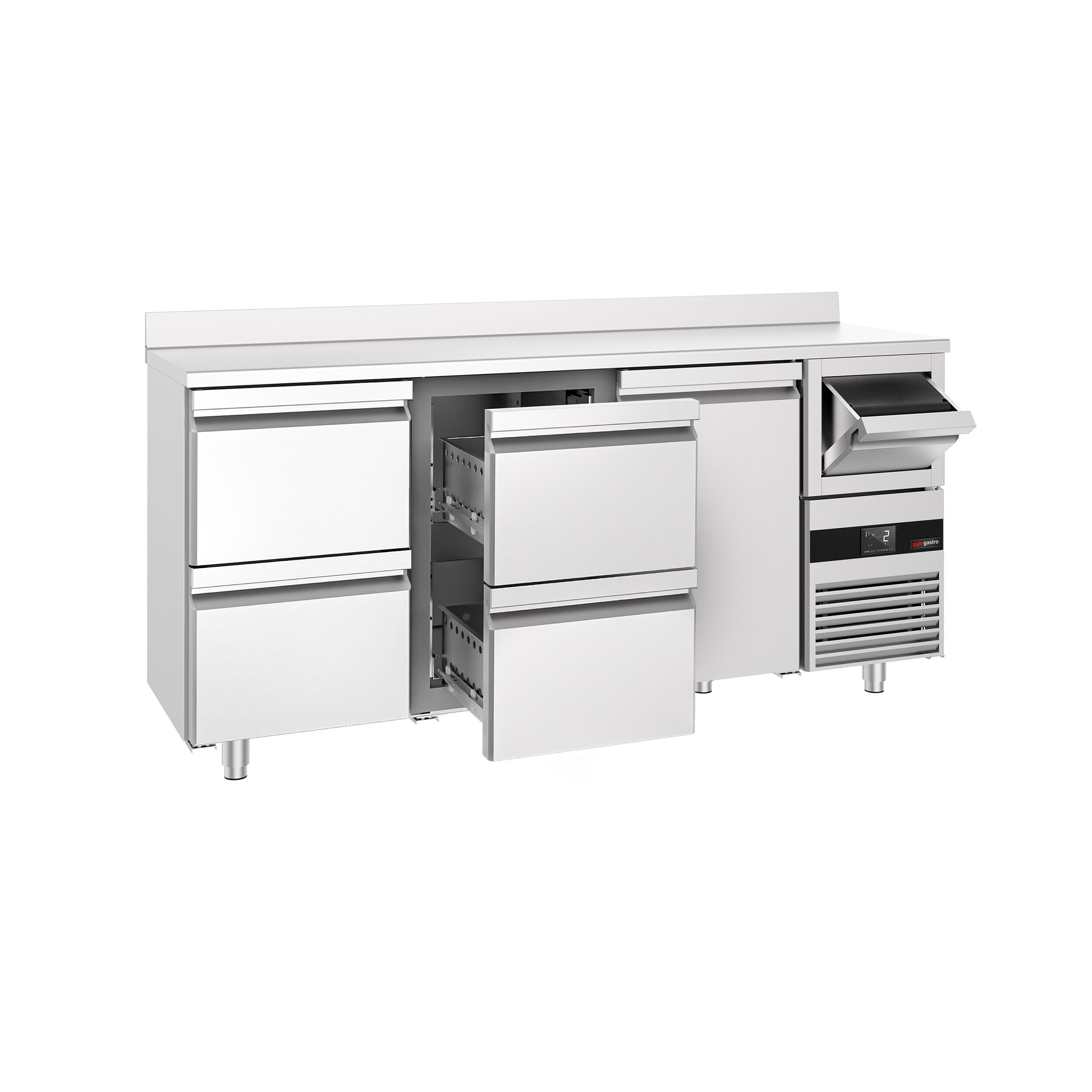 Arrière-bar réfrigéré professionnel  PREMIUM - 2130 x 600 mm - avec 1 porte et 4 tiroirs - avec dosseret - avec tiroir à marc de café