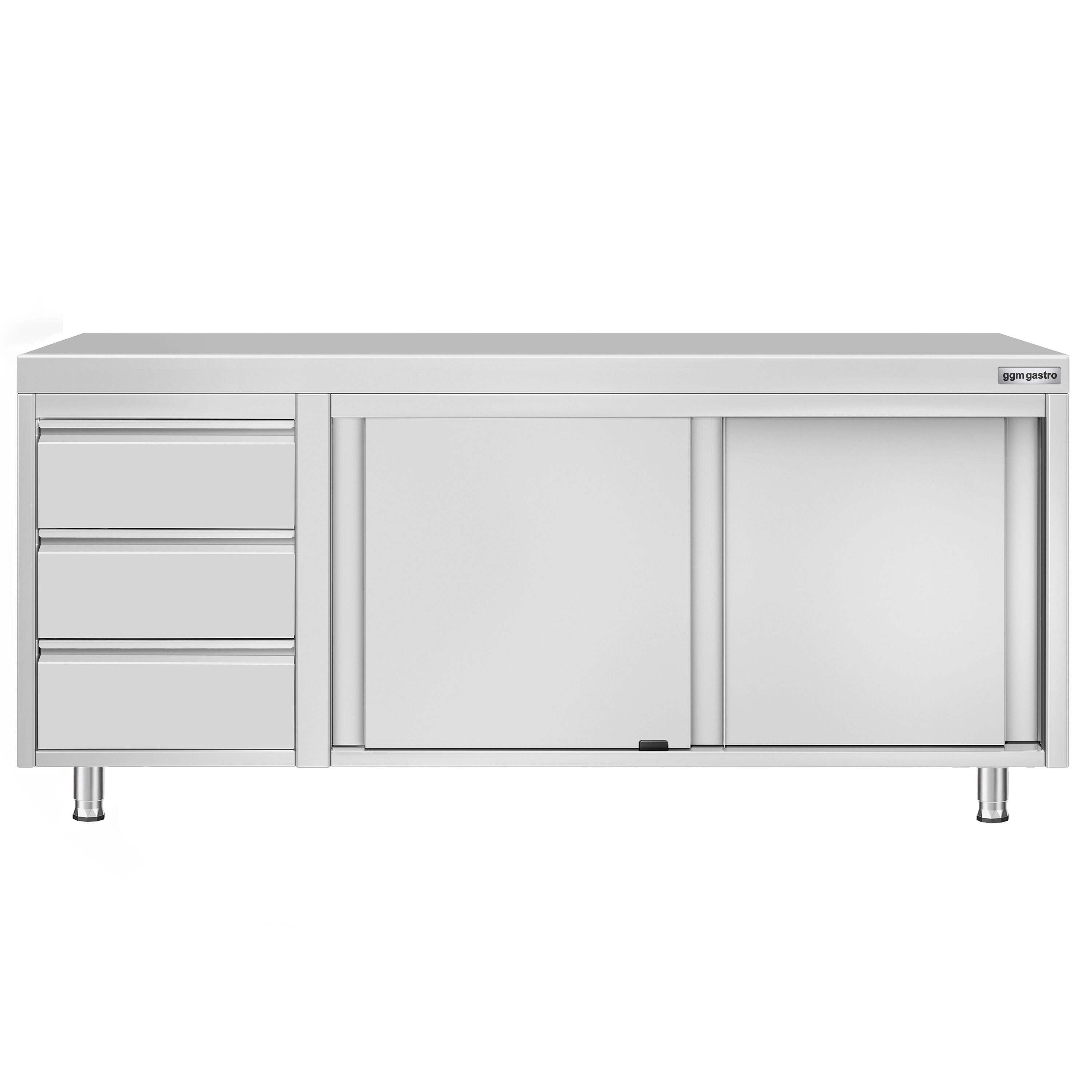 Table armoire en acier inoxydable ECO - 2000x600mm - avec 3 tiroirs à gauche et portes coulissantes